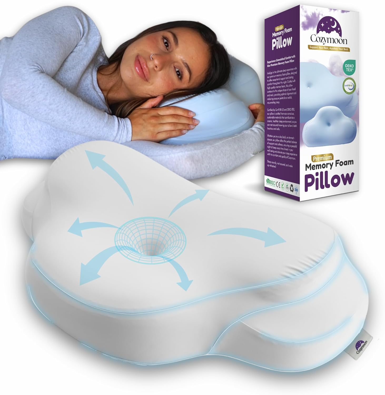 COZYMOON Ergonomic Contour Memory Foam Pillow - Cervical Pillow for Sleeping Neck & Back Support for Pain Relief, Orthopedic Bed Pillow for Back, Side & Stomach Sleeper with 2 Removable Pillowcases image number 3