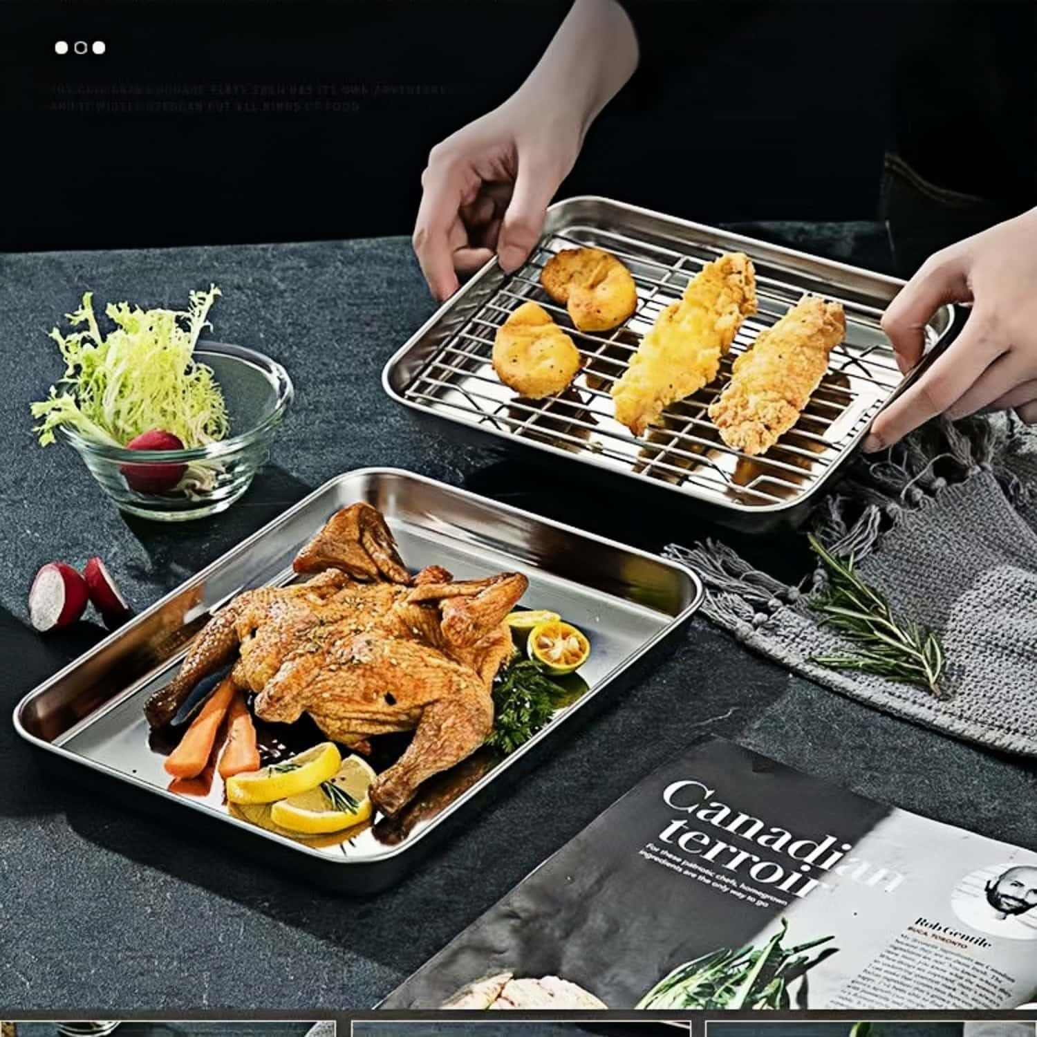 304 Stainless Steel Baking Sheet Tray with Wire Rack, Oven-Safe Roasting Pan & Cooling Rack for Cooking, Grilling & BBQ image number 6