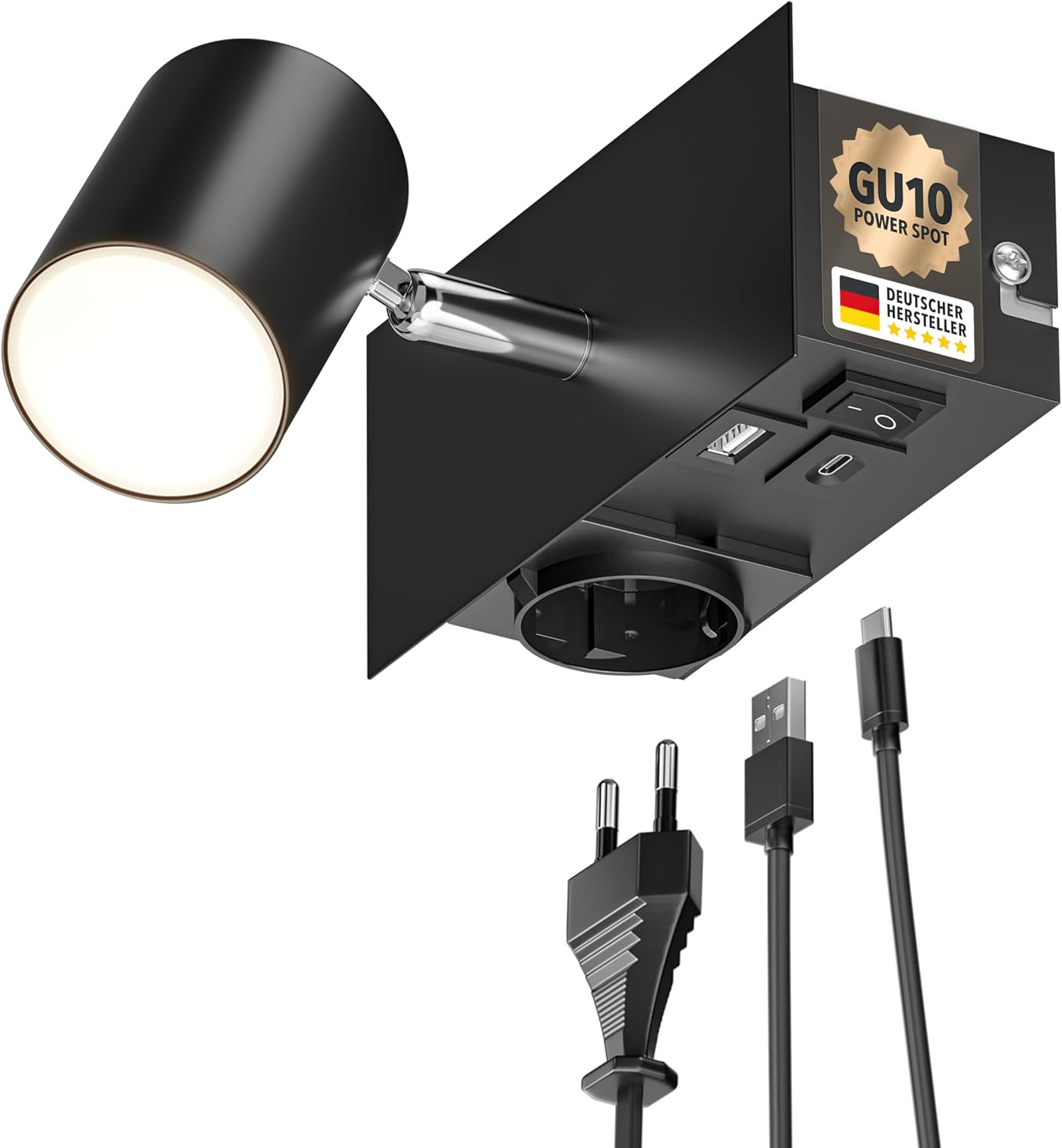 Ledscom.De Waika Wall Spotlight 1-Bulb Black Socket USB-C USB-A Includes LED GU10 Lamp 450 Lm Warm White image number 6