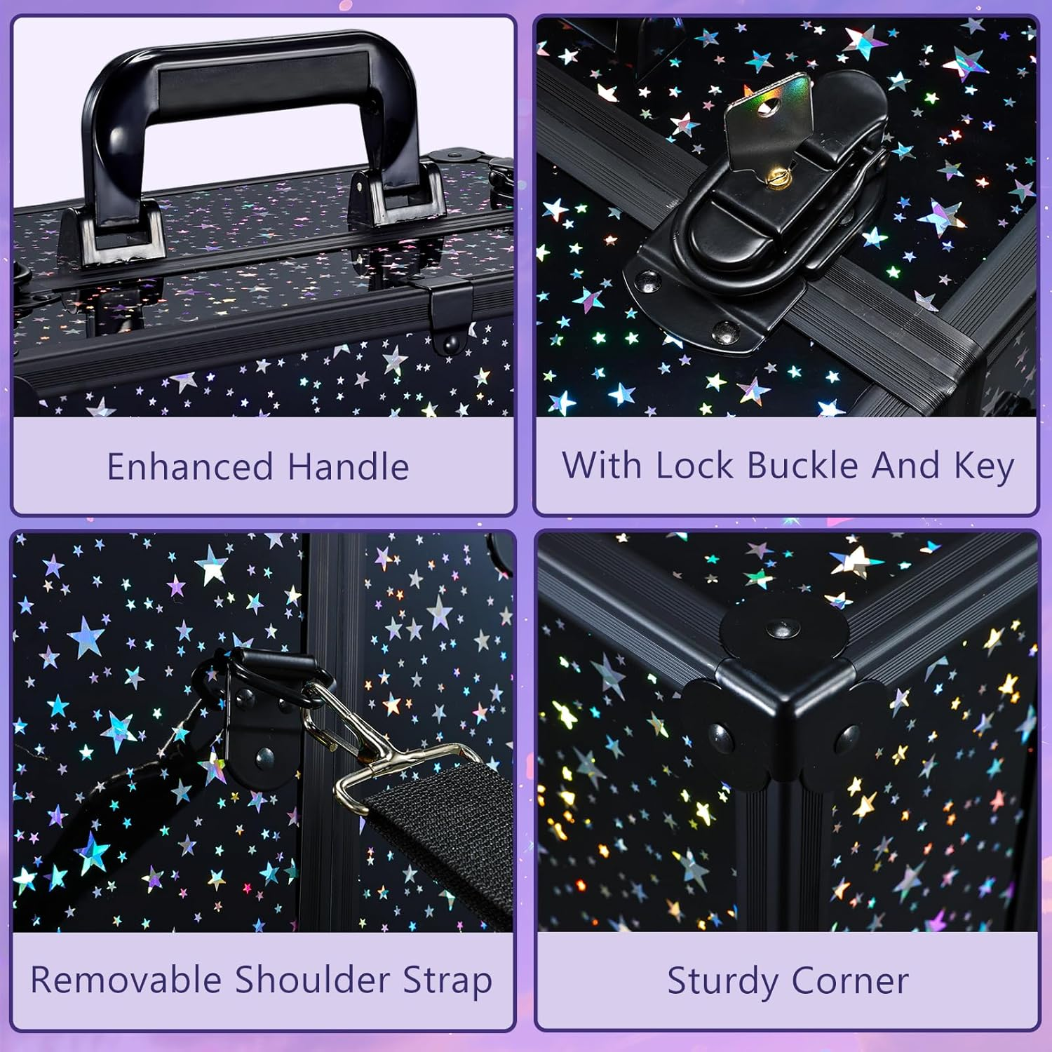 Joligrace Make up Organiser Nail Polish Jewellery Cosmetic Box Beauty Vanity Case Extra Large Space, Black Star, L image number 4