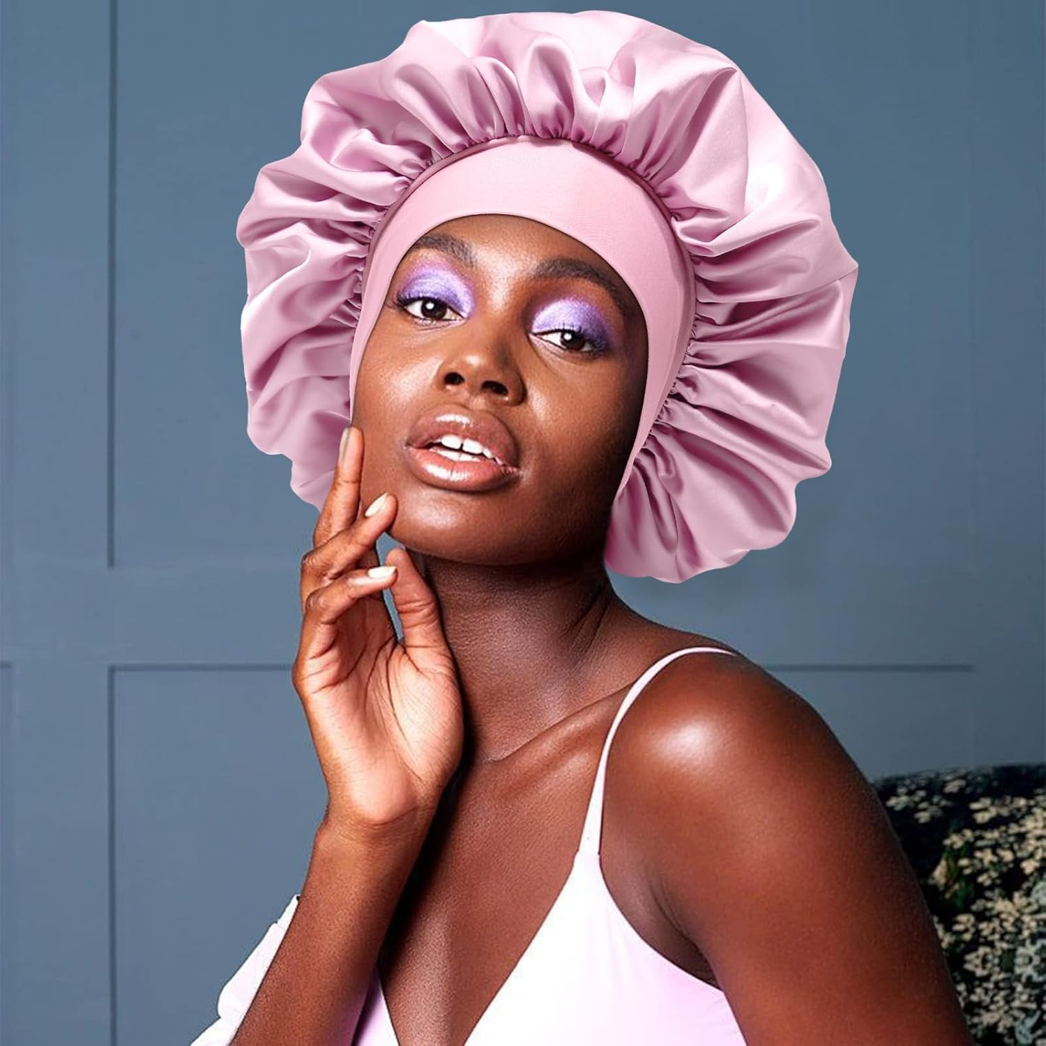 Satin Bonnet for Women Hair Bonnet for Sleeping Large Double Layer Silk Sleep Cap with Wide Elastic Band Hair Cap Sleeping image number 3