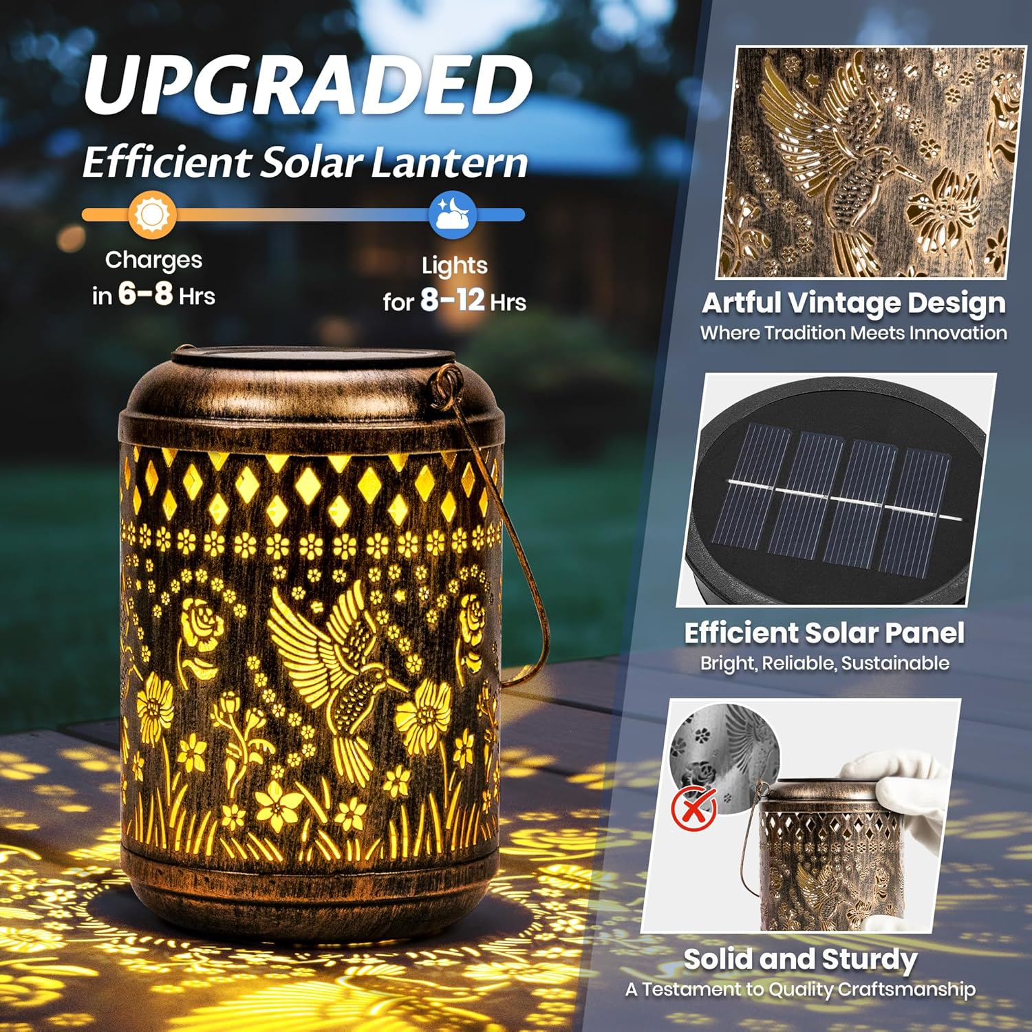 Solar Hanging Lanterns Waterproof Outdoor Garden Lights with Hummingbird Design | Decorative Solar Metal Lanterns for Patio, Yard, Porch & Backyard image number 2