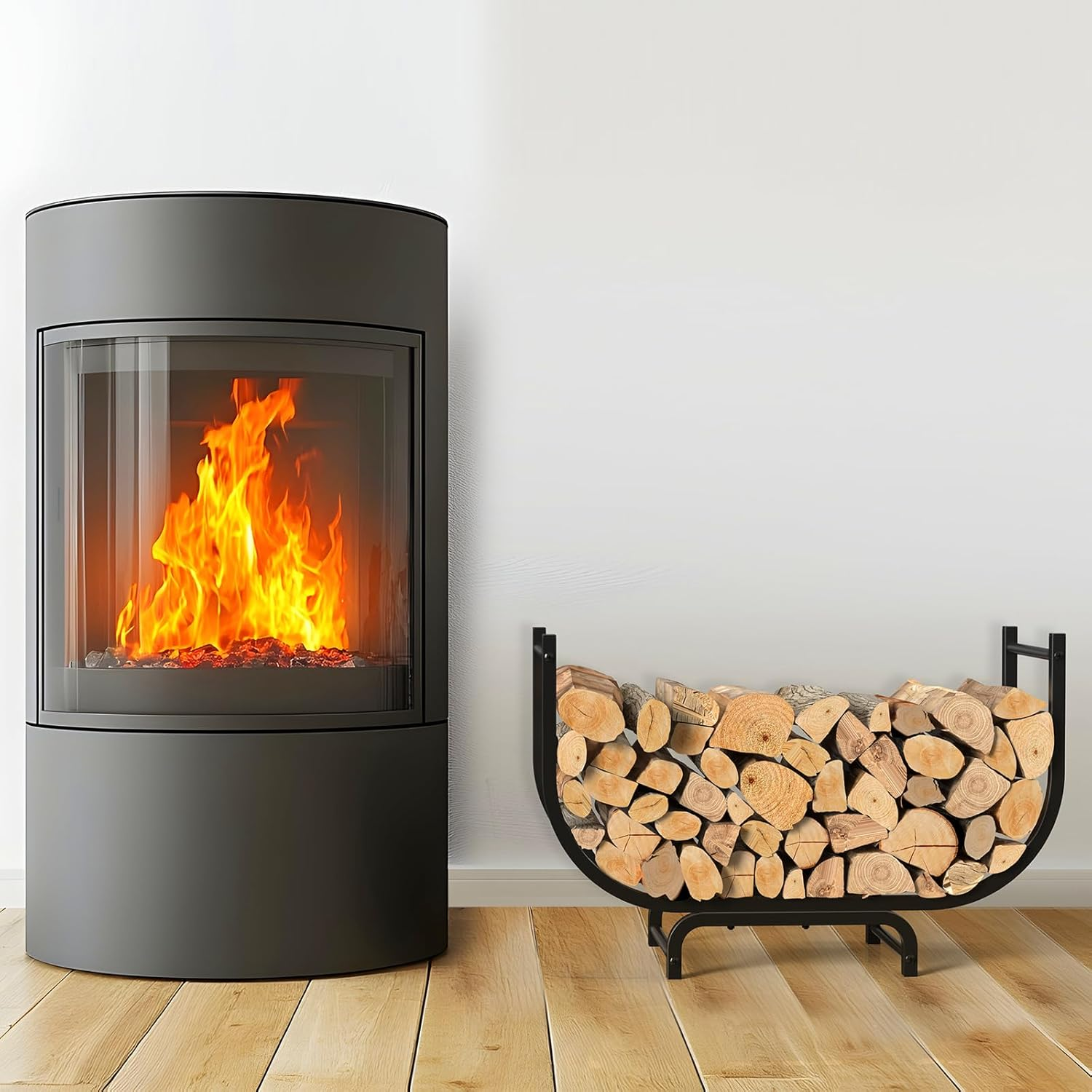 LIANTRAL 31.5 Inch Firewood Rack Outdoor Indoor, Curved Metal Wood Rack Heavy Duty Log Holder for Firewood Storage Holder Stand Wood Pile Storage Rack for Fireplace, Black image number 2