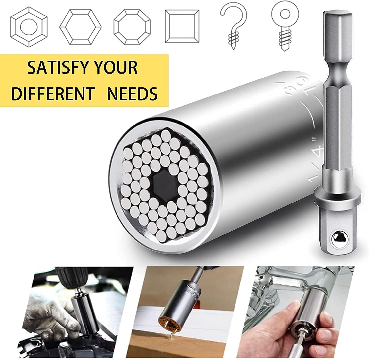 Skycabin Universal Socket Wrench Set with Power Drill Adapter Fits Most Nuts & Bolts,1/4'' - 3/4'' (7-19Mm) Super Universal Socket Tool Kit Gifts for Men Husband Dad Father DIY Handyman image number 4