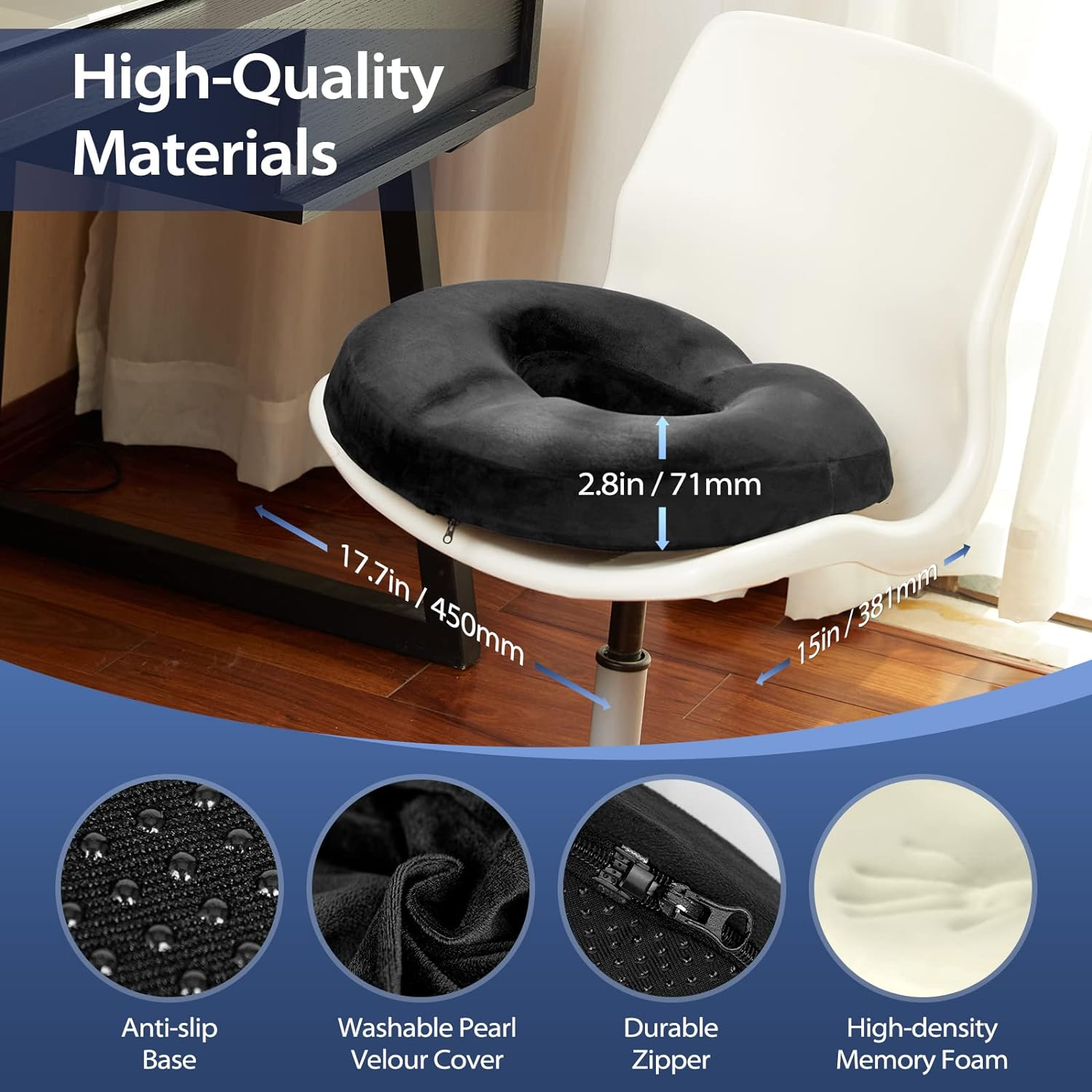 HOMCA Donut Pillow Seat Cushion, Hemorrhoid Pillows for Sitting after Surgery，Memory Foam Donut Cushion for Postpartum Pregnancy，Tailbone Pain Relief, Office Chair Cushion for Pressure Relief (Black) - Blue image number 3