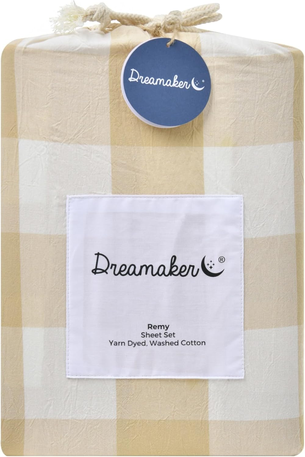 Dreamaker Single Sheet Set Remy Pre-Washed Cotton Yarn Dyed Check Bed Sheets All Seasons Long-Lasting Colour Breathable Ultra Soft Bedding Flat, Fitted Sheet Set Oeko-Tex Certified - Sand image number 7