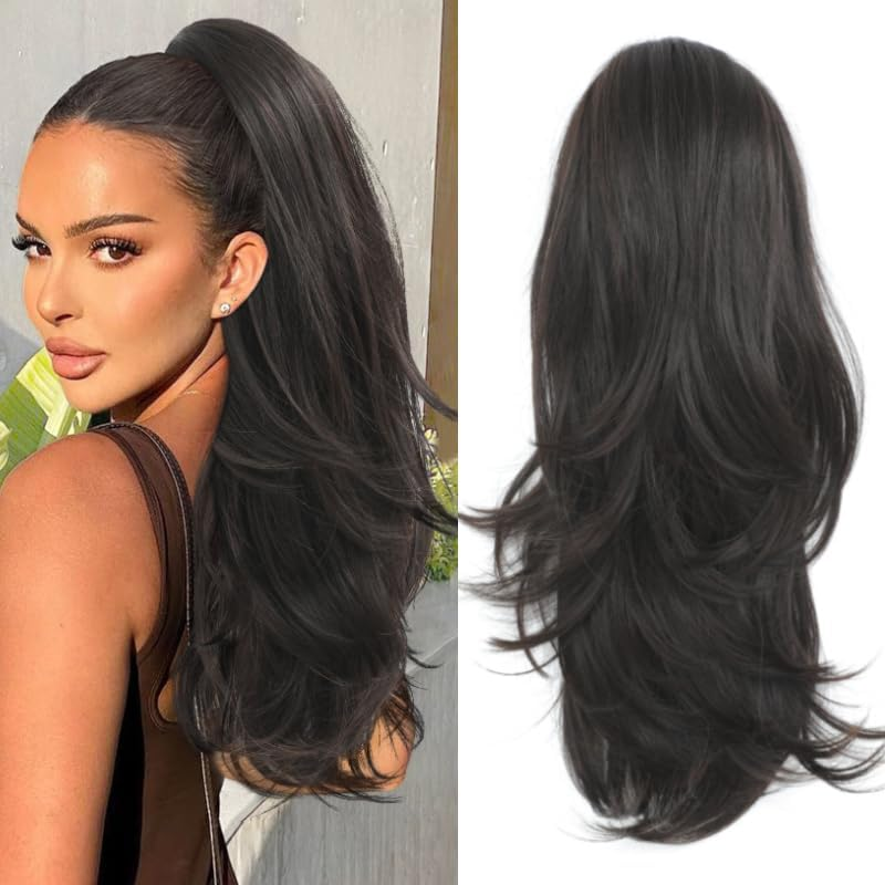 Ponytail Extensions Natural Black Drawstring Ponytails Hair Extensions 20Inch Wavy High Layered Pony Tail Hair Pieces for Women Soft Hair Ponytail Extension