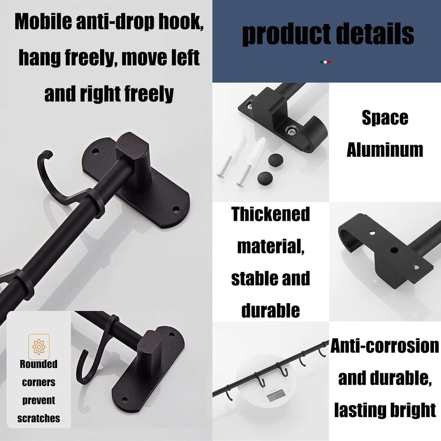 SHUOXIANG Kitchen Rail with 6 Sliding Hooks, Wall Mount Kitchen Utensil Rack, Pan and Pot Hangers Organization and Storage Holder Set, Black image number 5