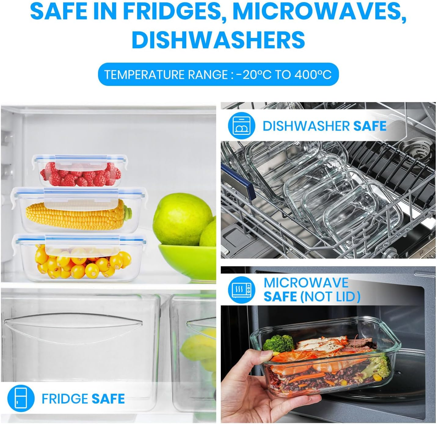 Stelive 10 Pack Glass Food Storage Containers (1040ML&370ML), Glass Meal Prep Containers, Airtight Lunch Bento Box with Leakproof Lids for Kitchen Storage & Organisation, for Microwave, Oven & Freezer image number 4