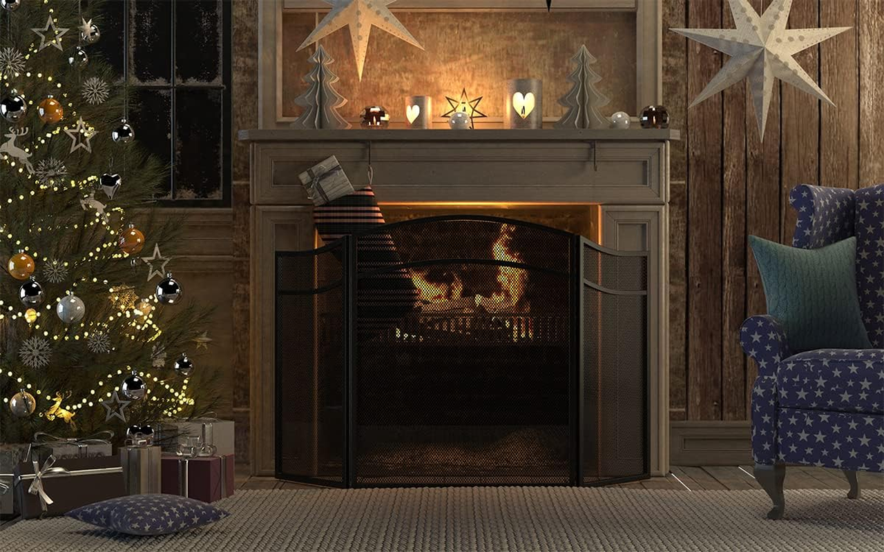 Lizh Fireplace Screen with Arch Frame 3 Panels, Steel Mesh Simple Design Fireplace Screen image number 6