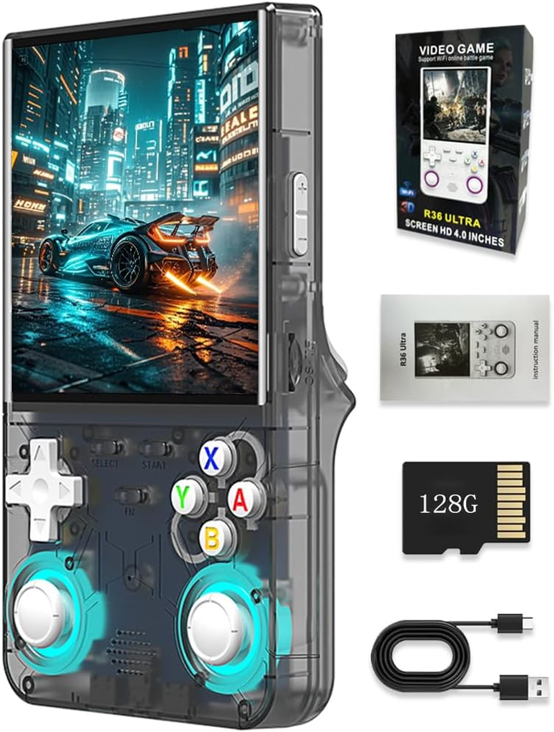 R36 Ultra Retro Handheld Game Console, 4.0" IPS Screen Portable Video Game Console ,Linux System with Colorful Double Joystick Built in 128G Card & 30000 Games (Black,128G) image number 3