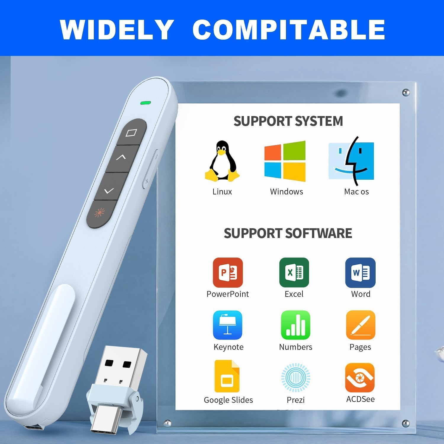 USB Type C Wireless Presenter Remote Presentation Clicker, Volume Control Powerpoint Clicker with Red Pointer Long Range PPT Clicker Slide Advancer for Mac PC Laptop Computer (Blue) image number 6
