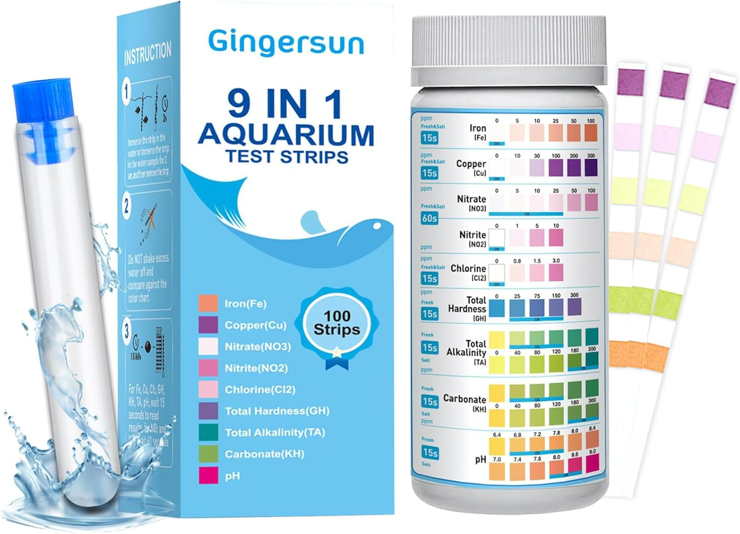 100 Strips Pack 9 in 1 Aquarium Test Kit, Fish Tank Test Strips, Freshwater Aquarium Test Kit to Detect Fe Cu Ph Nitrite Nitrate Chlorine Carbonate Total Alkalinity Hardness image number 3