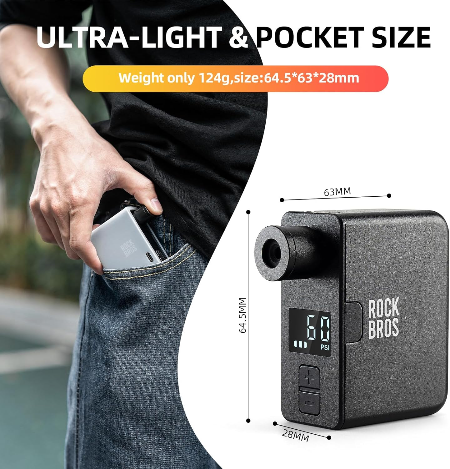 ROCKBROS Mini Bike Pump Portable Electric Bicycle Pump100Psi Tiny Bike Air Pump Tire Inflator Type-C Rechargeable Battery with Presta Schrader Valve, Cycling Gifts for Men Women image number 3