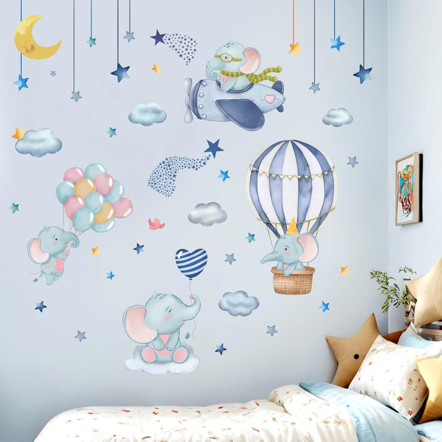 Hot Air Balloon Elephant Wall Stickers - Airplane Animals Wall Decals - Girls Bedroom Baby Nursery Kids Room Wall Decor image number 4