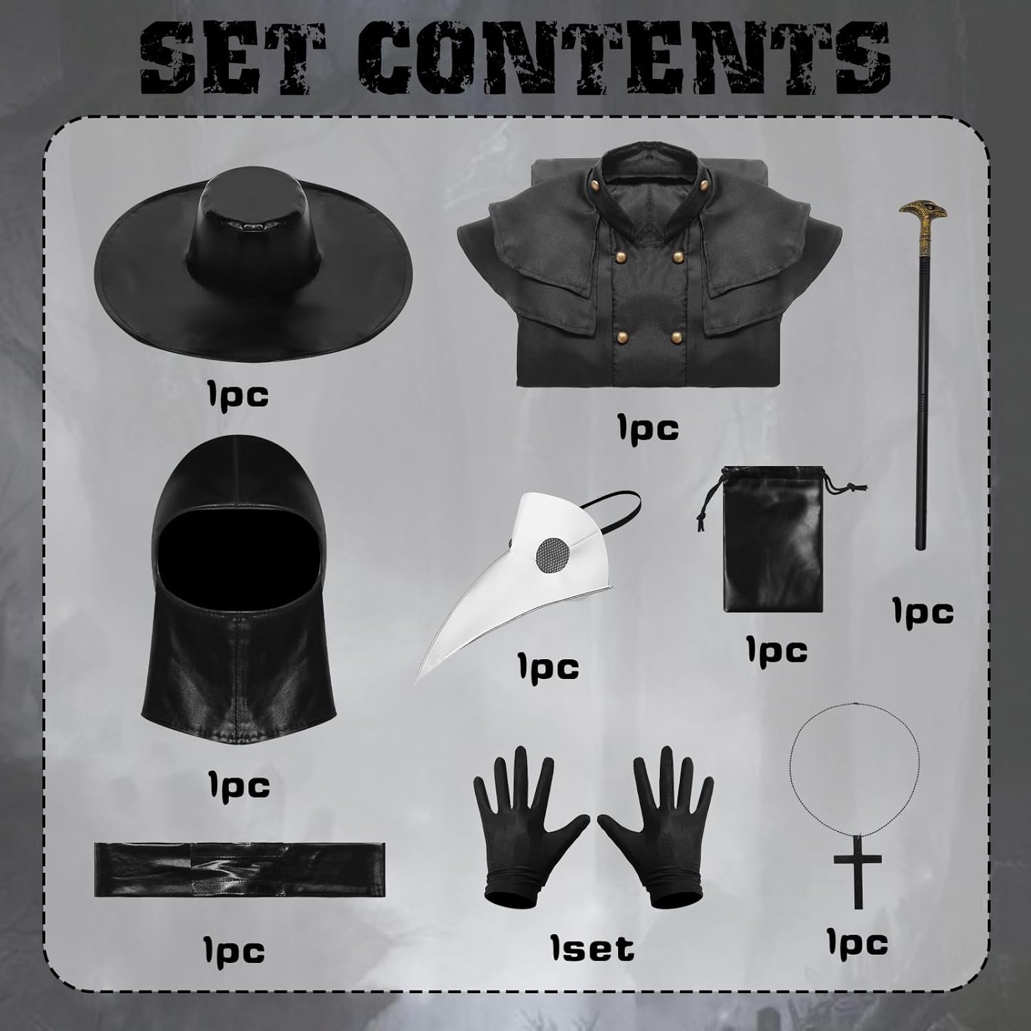 Plague Doctor Costume Set Halloween Props Medieval Monk Priest Renaissance Cosplay Mask Cloak Robe Cane Hat