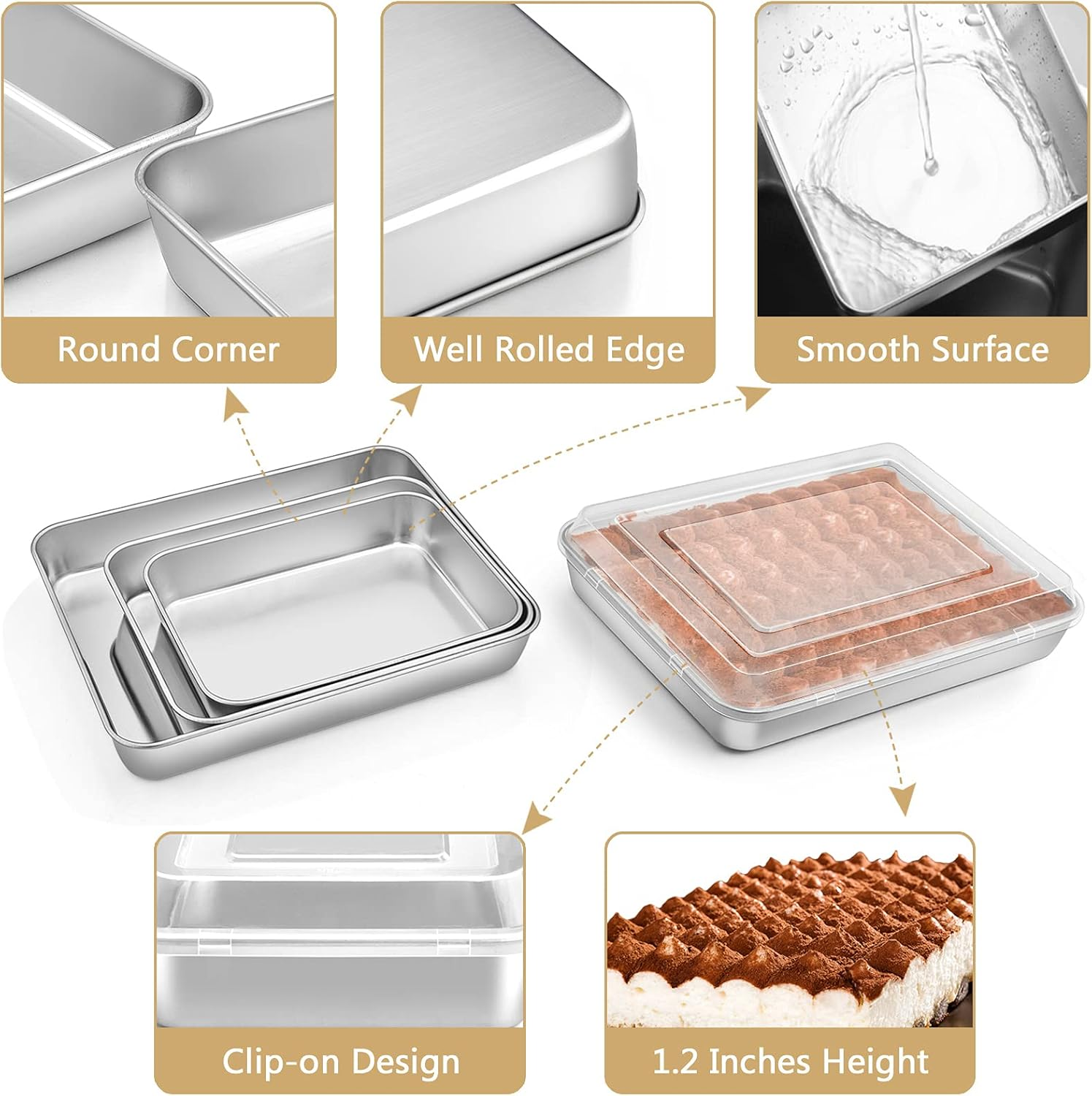 E-Far Baking Pan with Lid(12.4/10.4/9.4 Inch), Stainless Steel Rectangular Sheet Cake Pans with Cover, Metal Bakeware Sets for Lasagna Casseroles Brownie, Non-Toxic & Dishwasher Safe - 3 Pans + 3 Lids image number 3