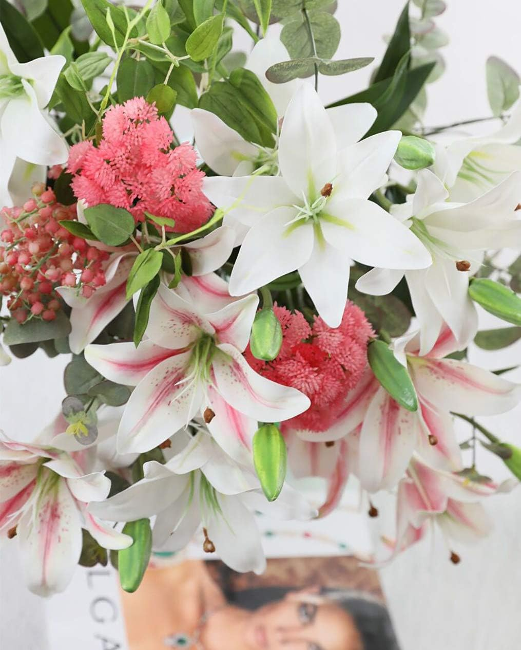 LNHOMY 6 Pack Artificial Lily Flowers Full Bloom Fake Latex Real Touch Artificial Flower Bouquets with 3 Heads Wedding Party Decor Home Decor, (White) image number 4