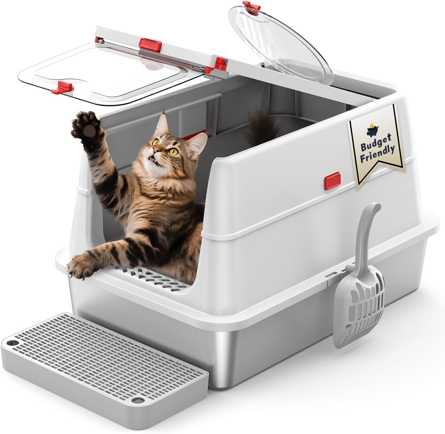 Stainless Steel Cat Litter Box: Enclosed Cat Litter Boxes with Lid - Extra Large Metal Kitty Litterbox with High Sides Top Entry XL Litter Pan Tray for Big Cats Anti-Leakage(Xl Black)