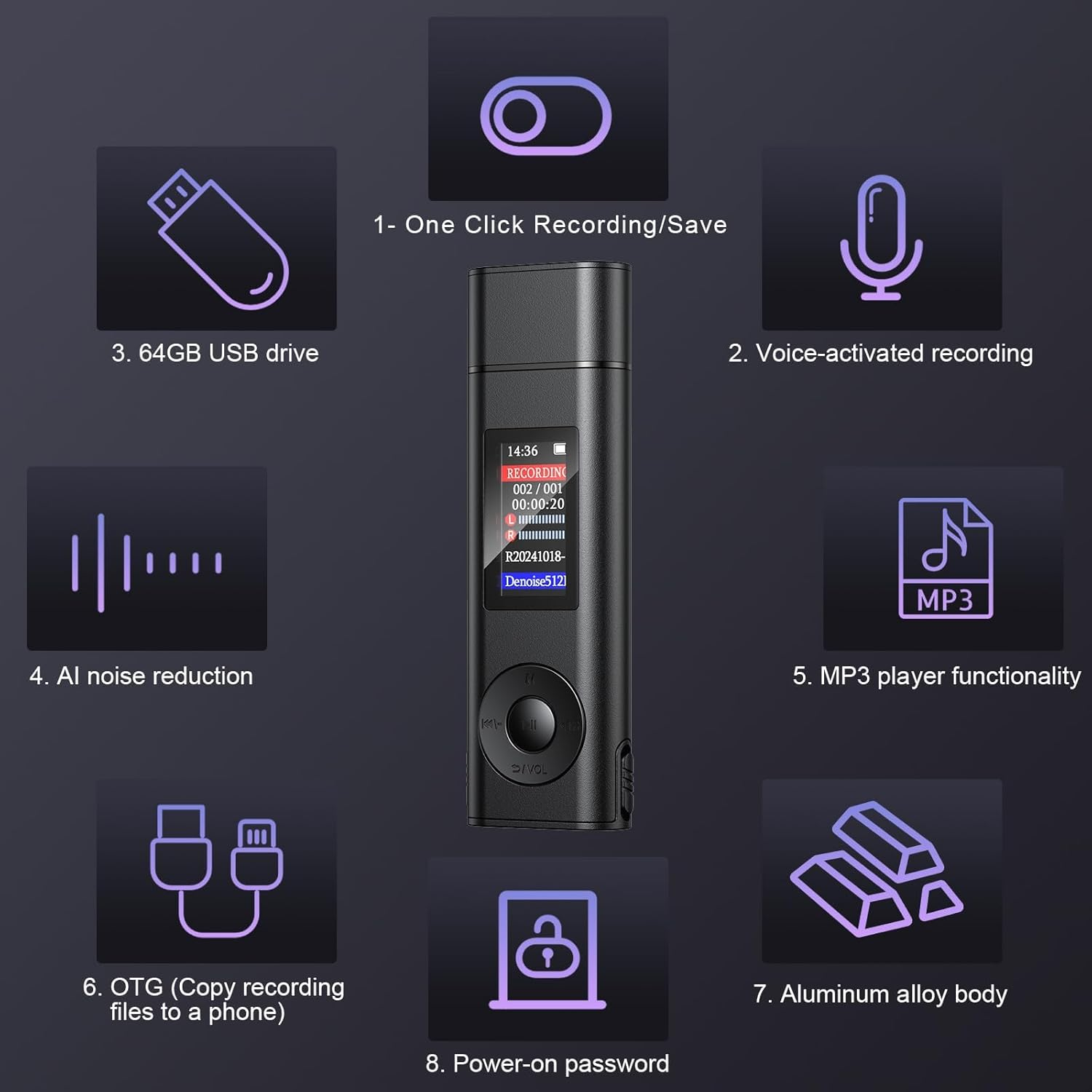 Digital Voice Recorder - 64GB USB Rechargeable Voice Activated Audio Recorder, Noise Reduction, Small and Portable Voice Recorders with Playback Digital Voice Recorder for Meetings/Interview/Classroom image number 2