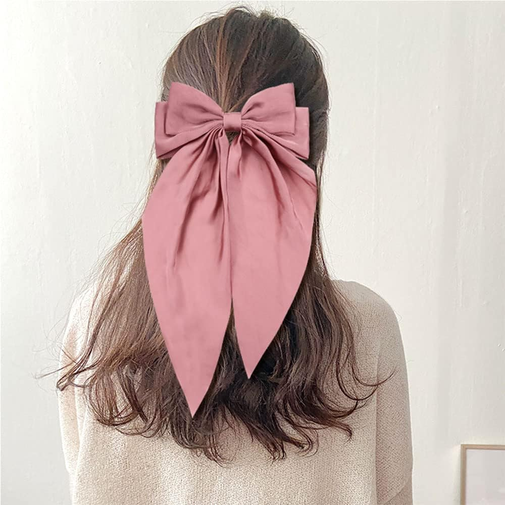 Yoosit 8 Pack Satin Big Large White Pink Red Blue Black Ribbon Hair Bows for Women Oversized Giant Bow with Long Tail Clips Bowknot French Barrette Girl Bun Ponytail Holder Accessories, 8.0 Count image number 5