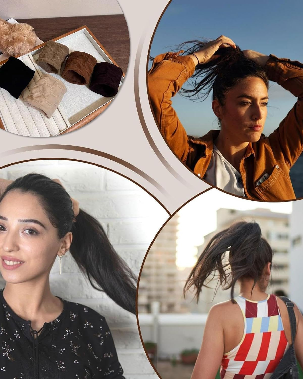 WUNZILO Pack of 10 Hair Bands for Women Girls Large Elastic Strong Hair Bobbles Seamless Cotton Holder Ties Stretching Ponytail Hair Pompoms for Thick Heavy Curly Hair, Brown Colour image number 4