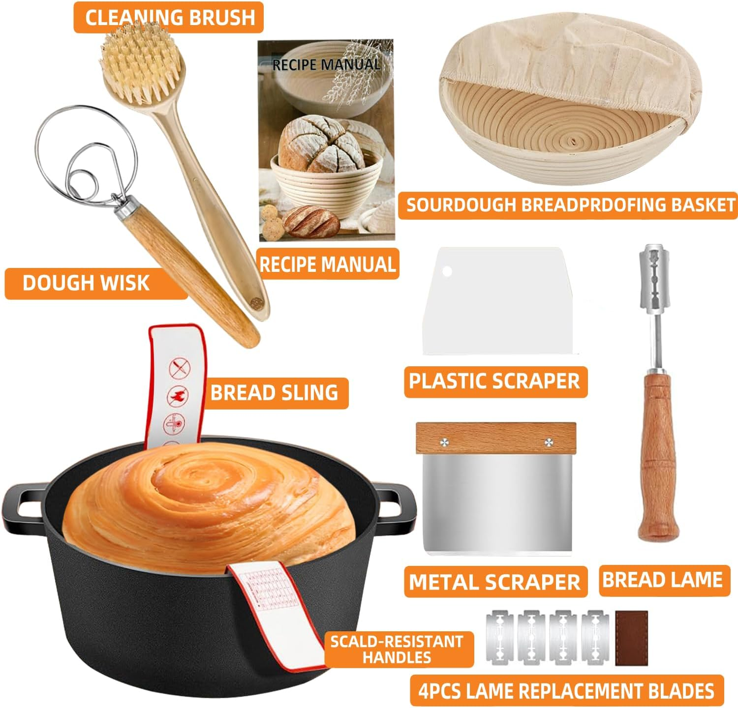 9SHOME Cast Iron Dutch Oven Pot for Bread Baking, Cast Iron Cookware with Dual Handles Skillet Lid, Includes Sourdough Supplies & Banneton Proofing Basket, Versatile Pan for Frying, Braising, BBQ, 5QT image number 2