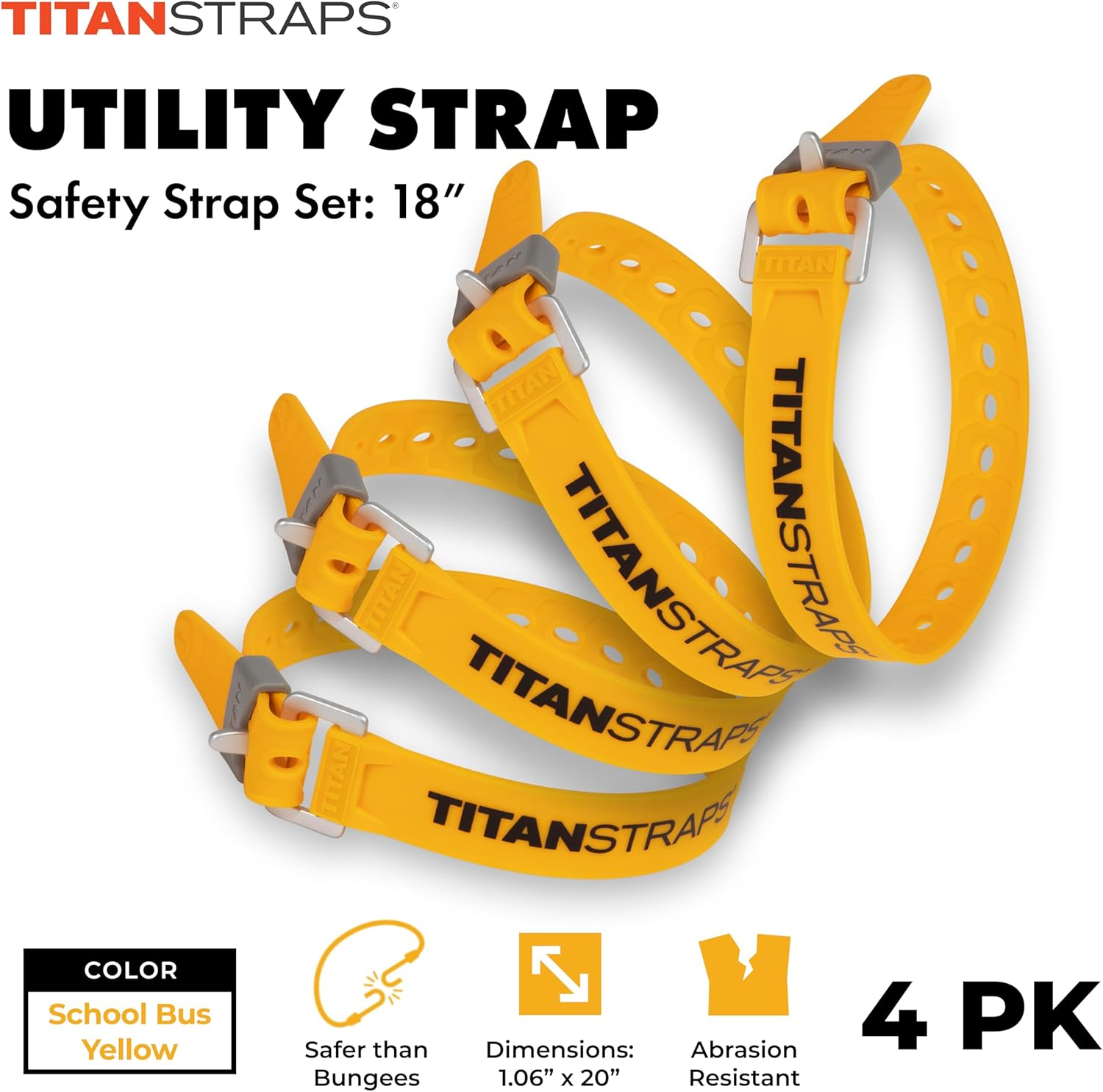 Titan Utility Straps &ndash; Safety Strap Set to Secure Splits, Cargo Bikes, Garden Hoses, Wood Working Projects &ndash; 60 Lb. Working Load, 18" Length, Fluoro Yellow, 4-Pack image number 3
