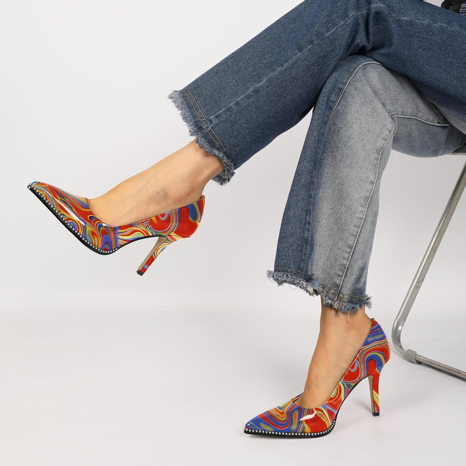 SAMMITOP Women Beaded Pumps Closed Pointed Toe High Heel Slip on Stilettos 3.5 Inch Sexy Heeled Dress Shoes Patent Leather image number 5