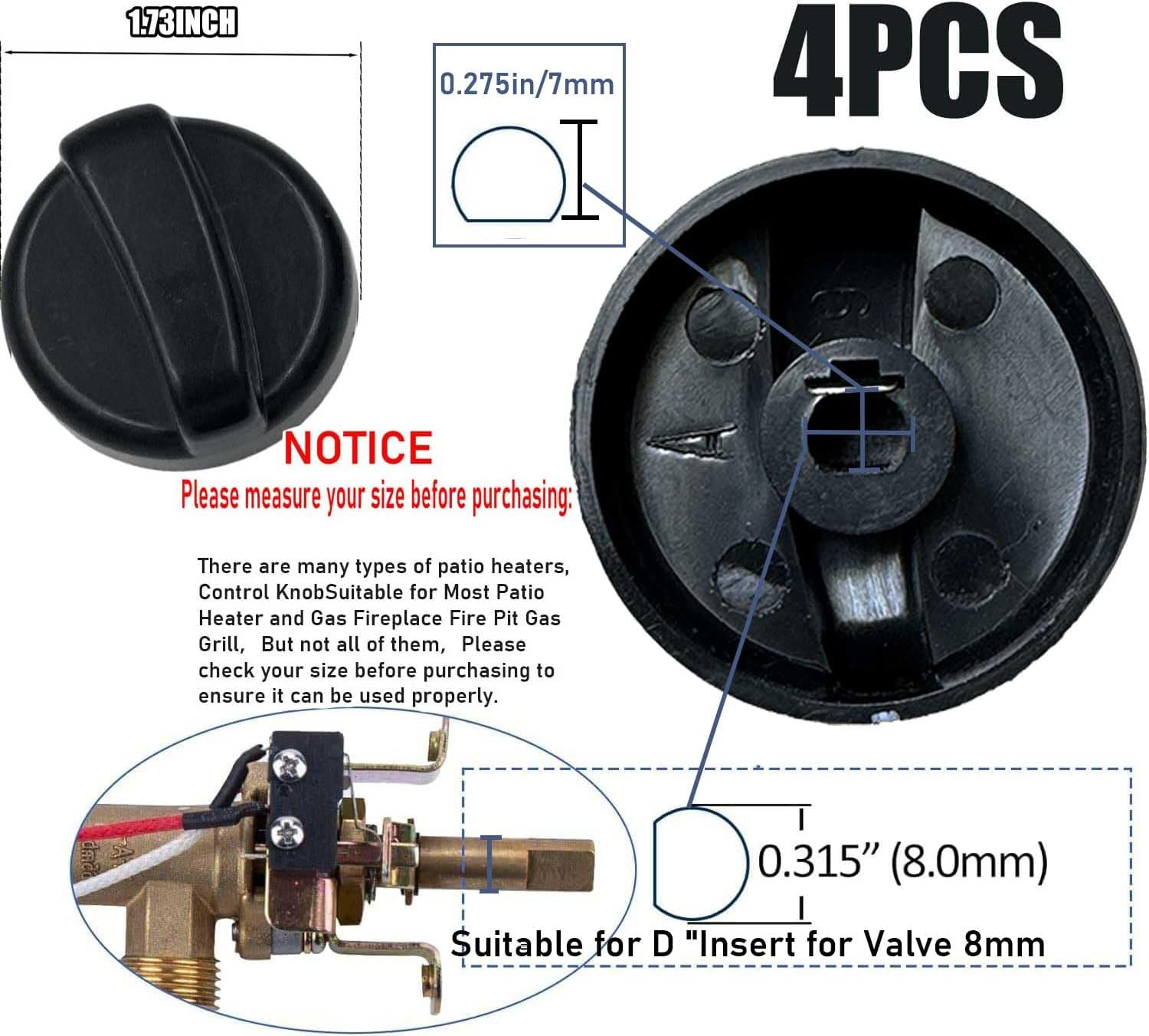 Lesimnky 4-Pack D-Shape Control Knobs for Patio Heater, Gas Fireplace, Fire Pit & Gas Grill - Black Plastic Knobs with Stainless Steel Finish image number 3