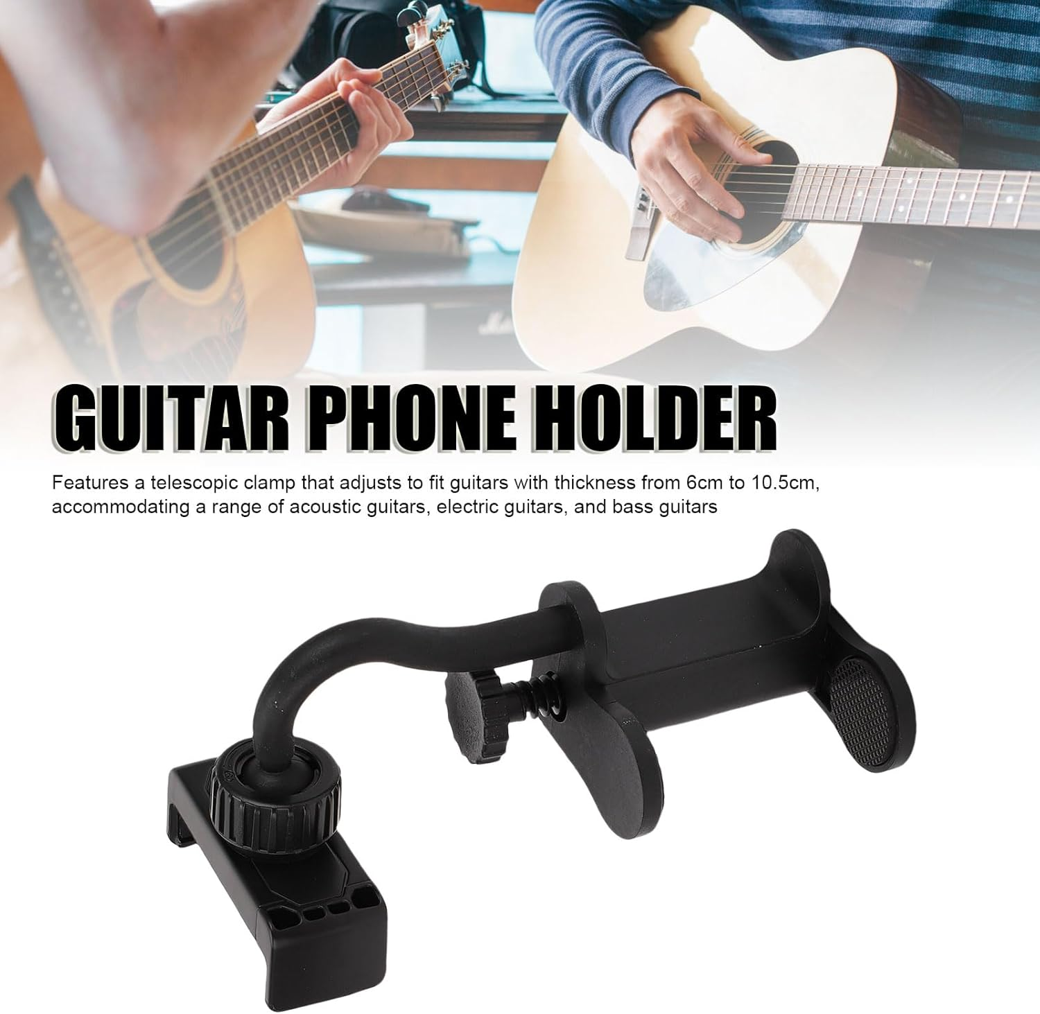 POENVFPO Guitar Phone Holder, Adjustable & Rotatable, Suitable for Smart Phones & Necks of Stringed Instruments, Black image number 3
