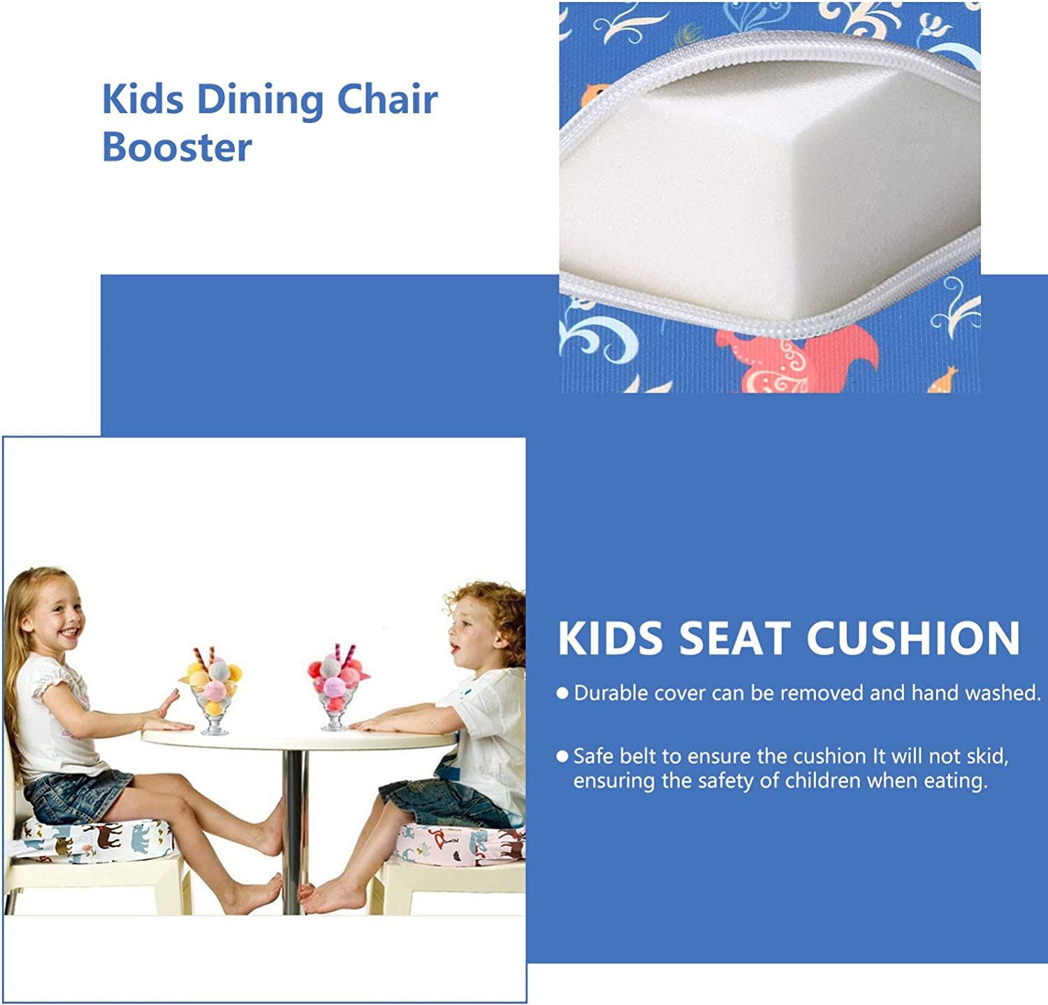 TOYANDONA Blue Toddler Booster Seat for Dining Table Children Double Straps Washable Portable Booster Seat Dining Table Increasing Cushion for Baby Kids image number 6