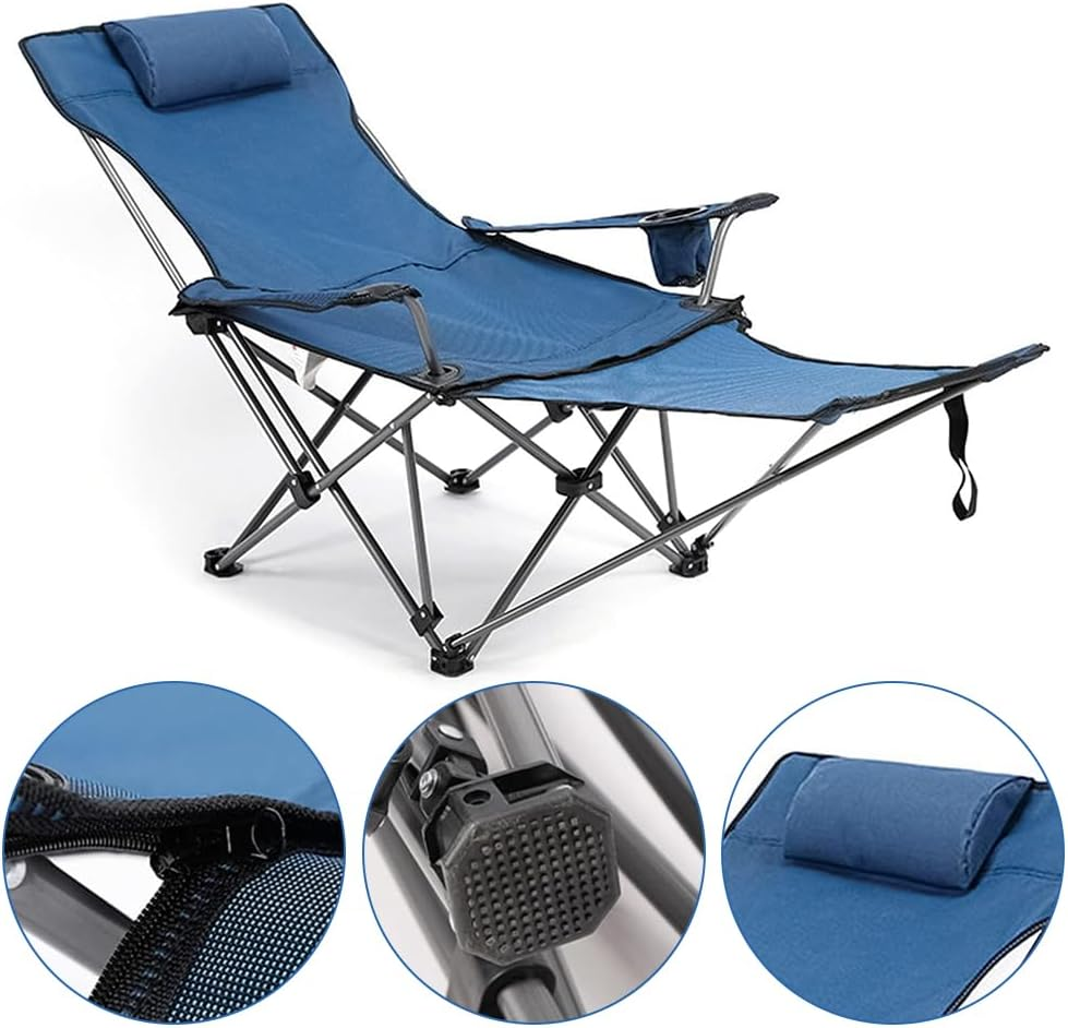 Camping Lounge Chair with Removable Footrest, Adjustable Folding Backrest, Lightweight Chair with Storage Bag & Headrest for Outdoor Garden (Blue) image number 3