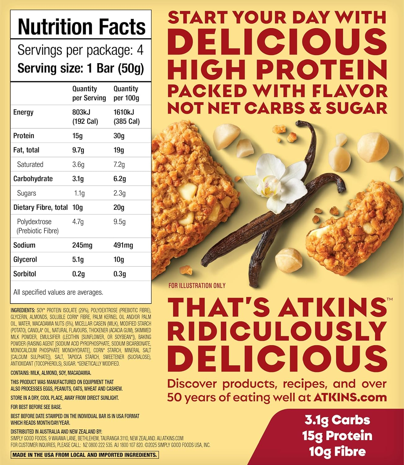 Atkins Soft Baked Protein Bars, Vanilla Macadamia Nut, 15G Protein, 1.1G Sugar, Excellent Source of Fibre, Low Carb, 4 Pack image number 3