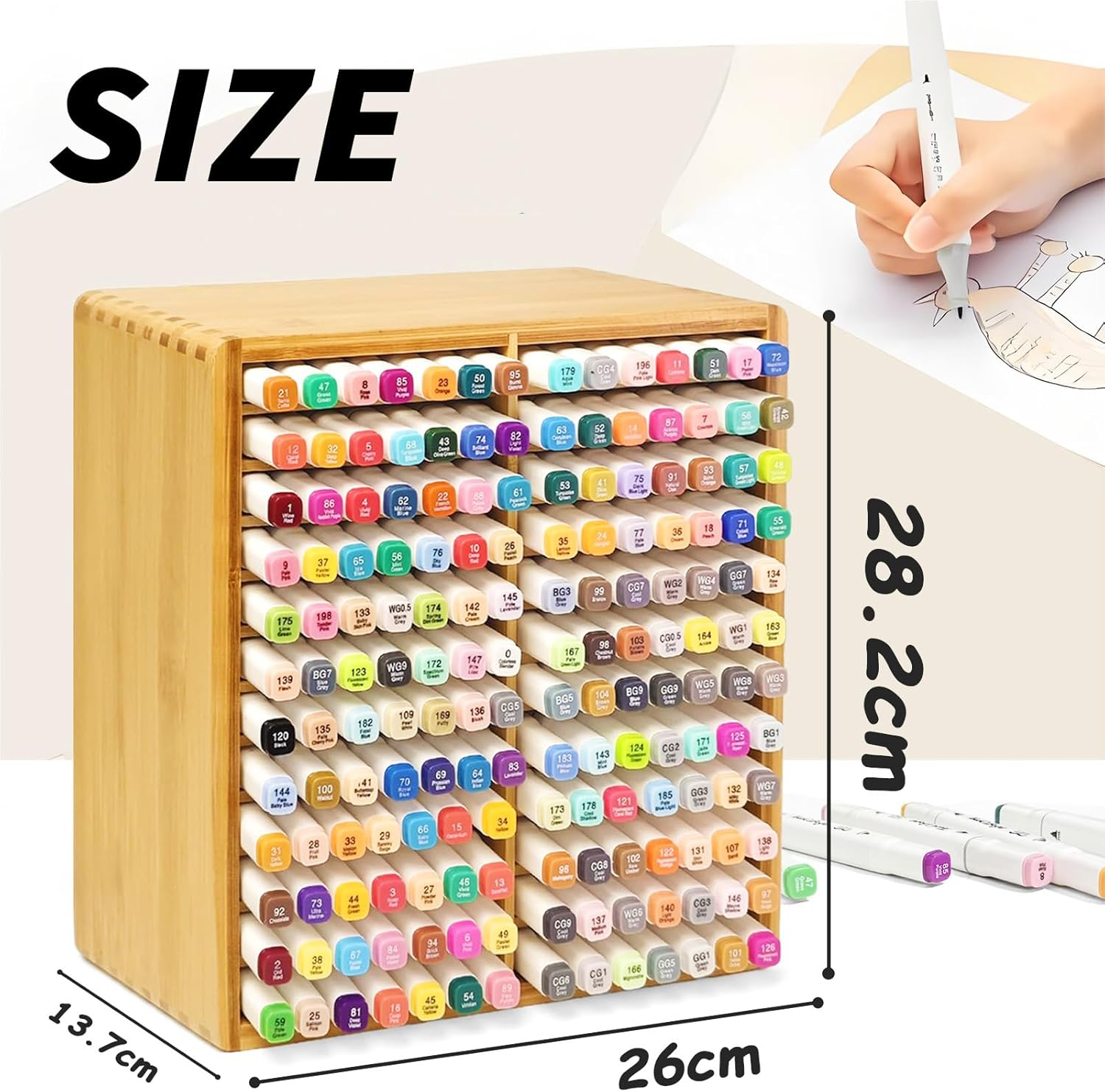 168 Markers Bamboo Marker Organizer, Desk Pencil Holder Markers - Art Marker Storage Rack with 24 Compartments, Vertical Marker Holder Shelf for Acrylic Paint Pens image number 1