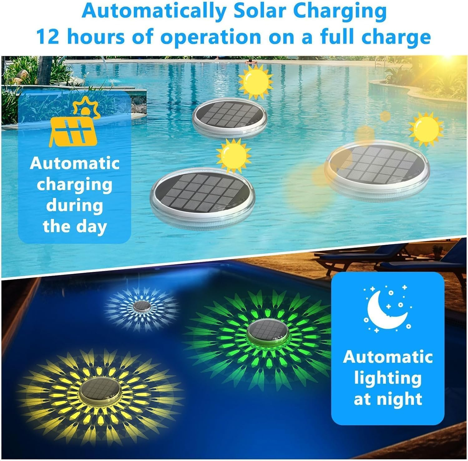 Solar Rechargeable Floating Pool Lights(2 Pack), Pool Lights That Float, 9 Lighting, Timing Mode, IPX7 Waterproof for Inground Pool, Bathroom, Bathtub, Pool Party image number 4
