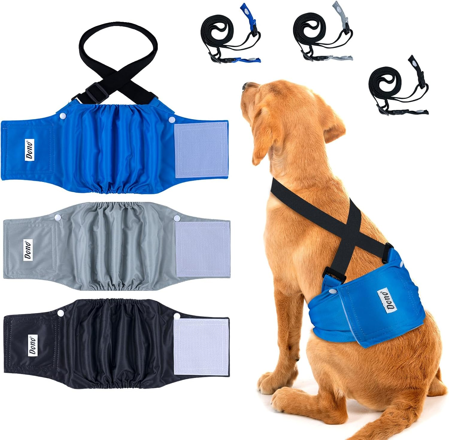 Dono Washable Belly Bands for Male Dogs 3 Pack, Reusable Dog Diapers Male, Super-Absorbent Doggie Puppy Male Wraps, Blue Black Gray, Large image number 3