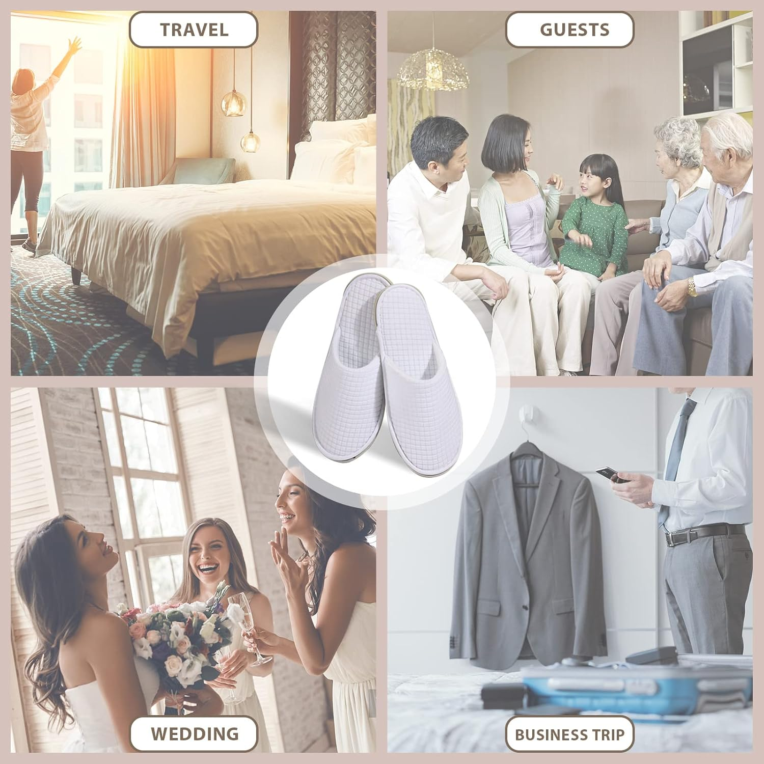 Anmerl 10 Pairs of Disposable Slippers for Hotel & Hosts - Non-Slip, Washable Cotton Velvet Slippers Unisex for Wellness, Travel, Events and Commercial Use, White, 44/46 EU image number 1