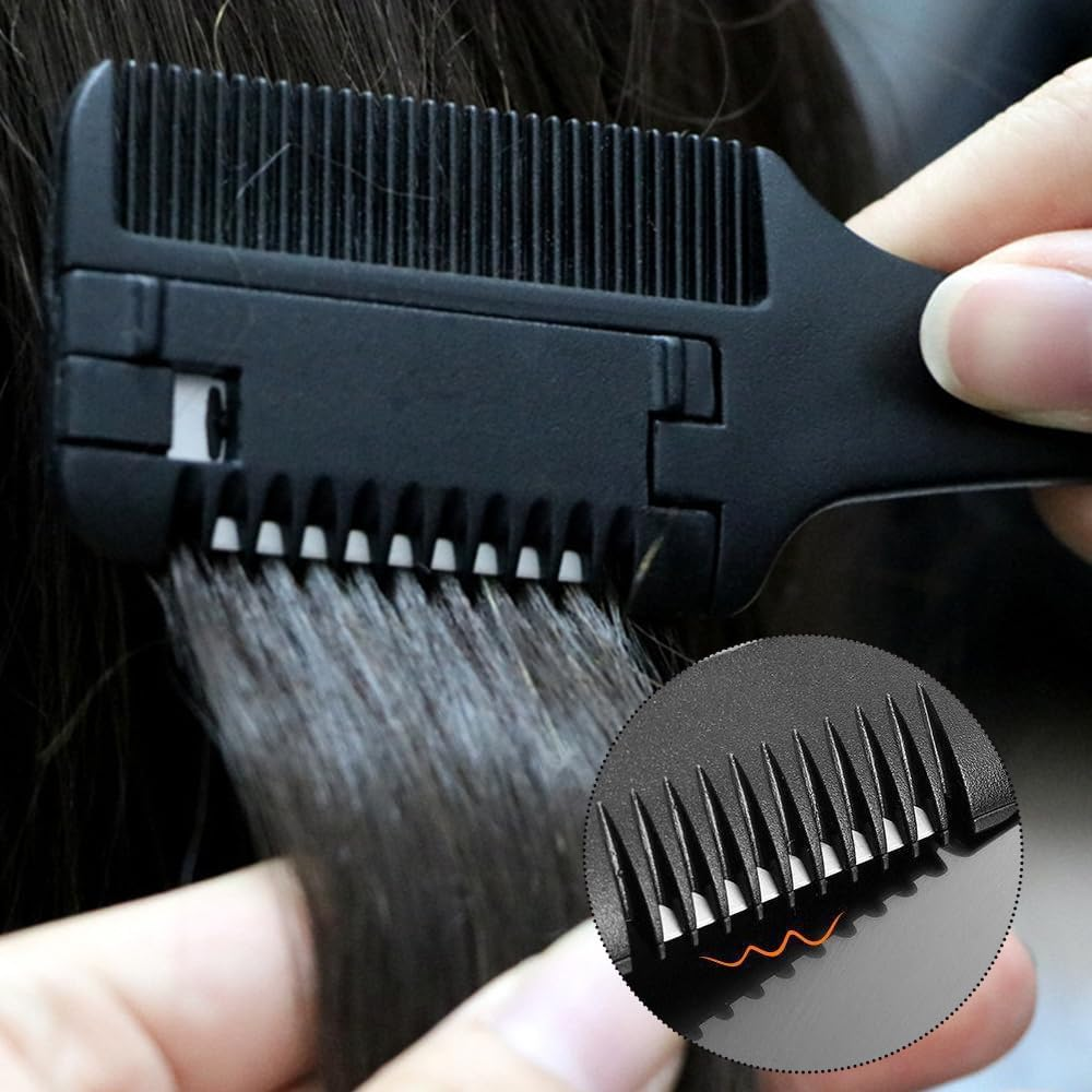 TSUOUKL 22 Pieces Hair Trimmer Comb Thinning Knife, Comb Thinning Hair Cutting Tool, Double Sided Hair Trimmer with 20 Replacement Blades of Hair Adults Children Haircut Home image number 2