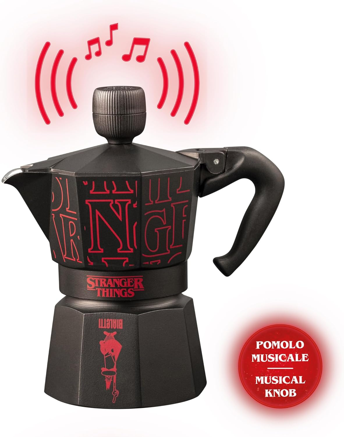 Bialetti Moka Express Stranger Things Stovetop Espresso Maker - Musical Knob with USB-C Charging - Not Induction - Plays Theme Tune - Black, 3 Cup Capacity (130 Ml) image number 3