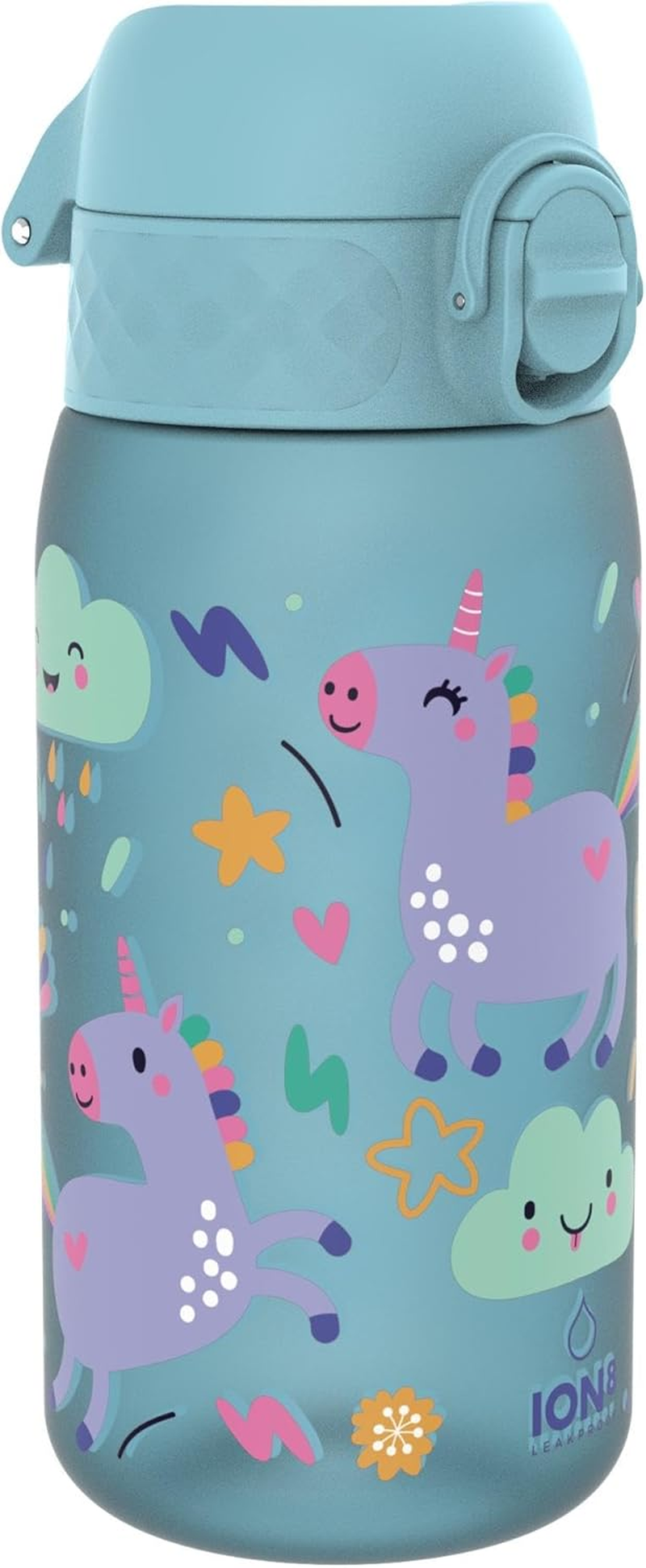 Ion8 Children'S Water Bottle, 350 Ml, Leak-Proof, One-Handed Opening, Secure Locking, Dishwasher Safe, Bpa-Free, Carry Handle, Folding Lid, Easy to Clean, Climate Neutral, Light Purple Unicorns