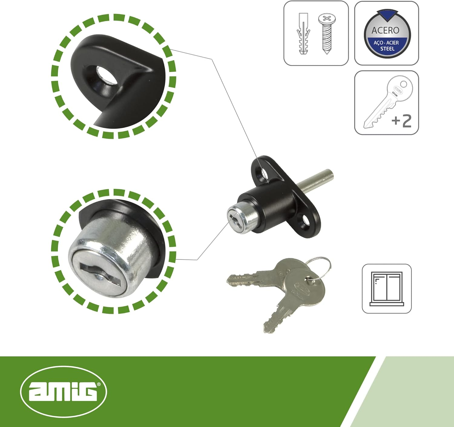 Amig - Security Lock for Windows Model 45 | Mortice Lock with 2 Keys + Screws for Installation | Made of Steel Painted Black | Dimensions: 53 X 23 Mm