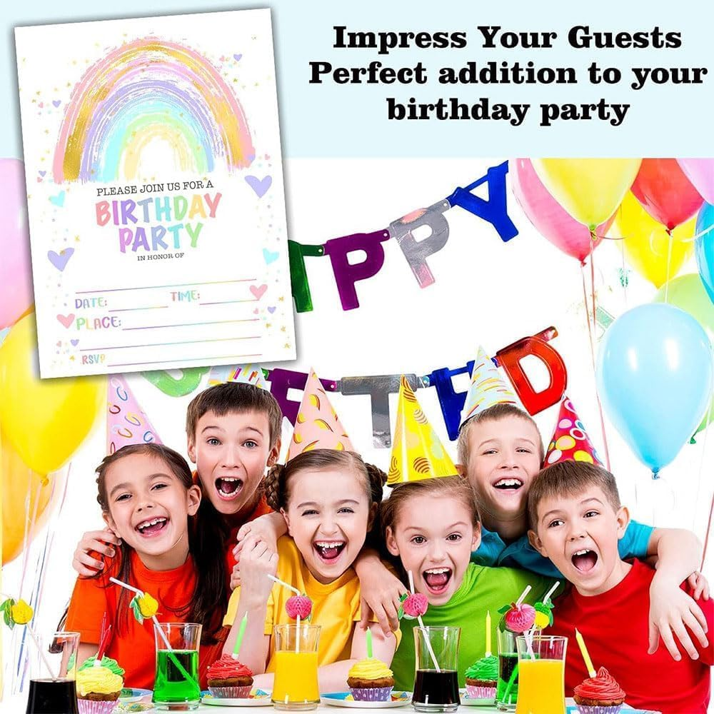 40 Pcs Birthday Party Invitation Cards,Rainbow Happy Birthday Party Celebration Invites,20 Cards with 20 Envelopes image number 4