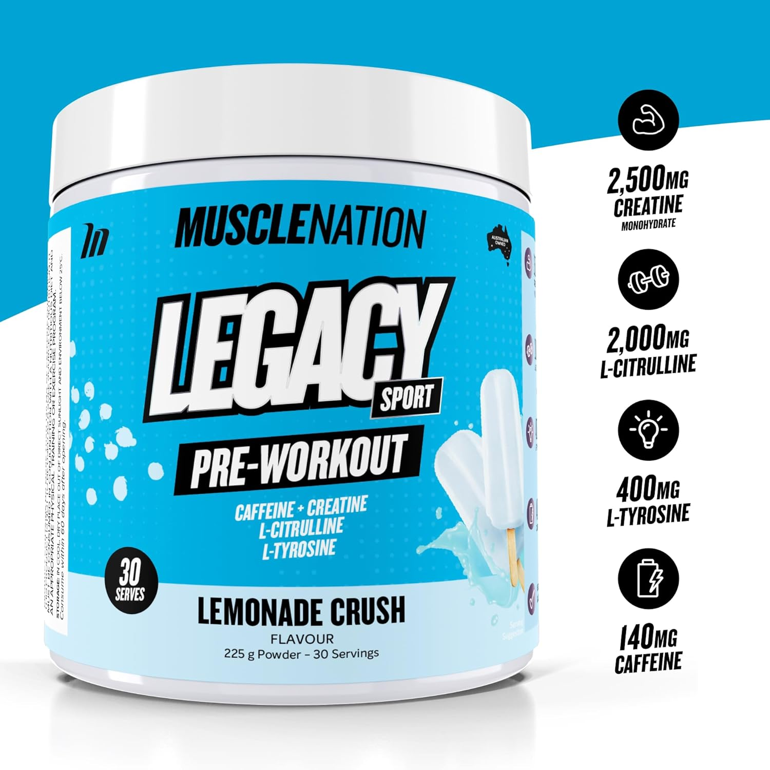 Muscle Nation Pre-Workout Lemonade Legacy Sport 225G (30 Serves) image number 1