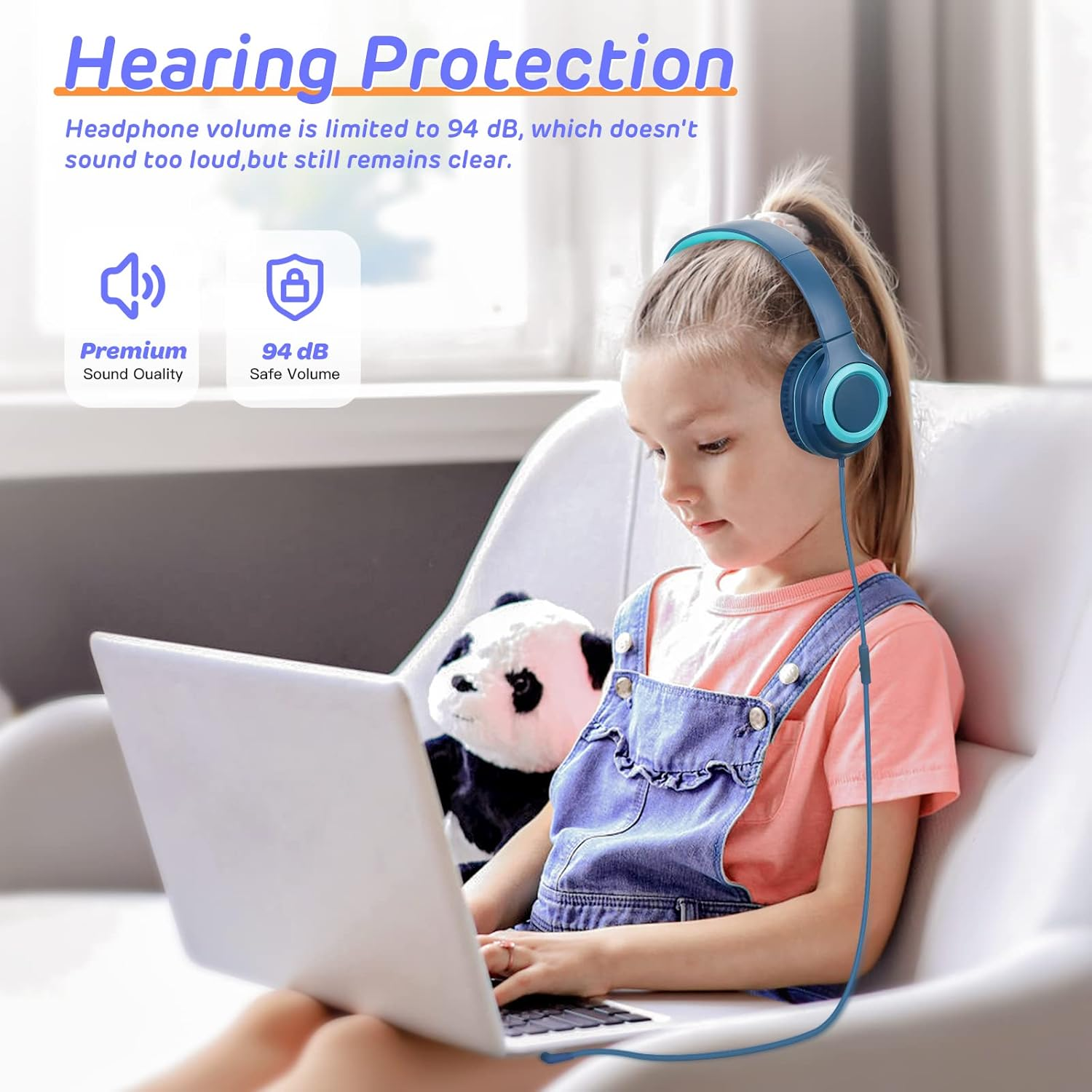 Kids Headphones, Wired Children Headphones with 94Db Safe Volume Control, Foldable Design, Comfortable for Online Learning/School/Travel/Tablet (Blue) image number 6