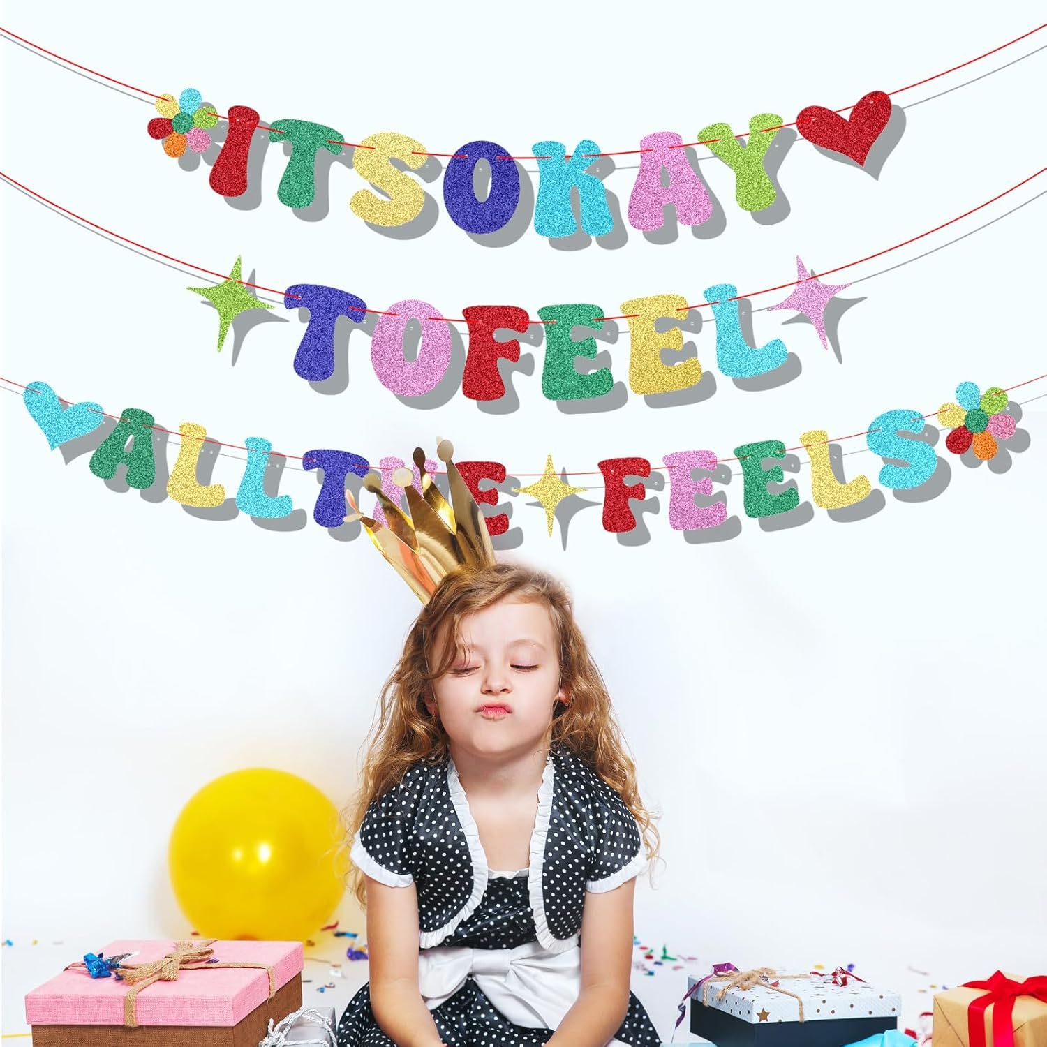 Inside Birthday Party Decorations Banner, Pre-String Glitter It'S Okay to Feel All the Feels Banner Colourful Party Hanging Decoration for Fireplace Mantel Wall image number 1