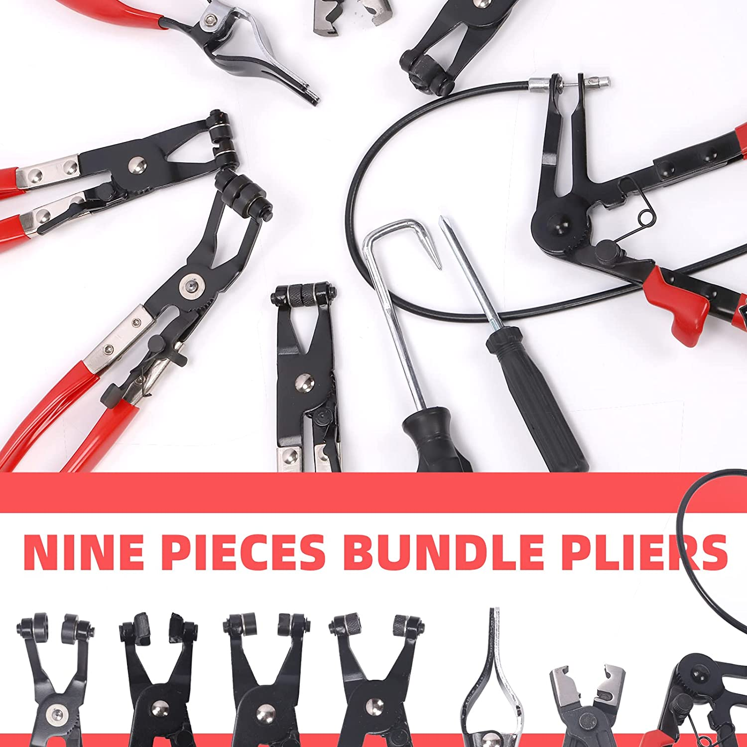 Glarks 9Pcs Red Flexible Hose Clamp Pliers Set, Long Reach Spring Wire Clip Plier Hose Clamp Pliers Remover Kit for Replacement of Fuel, Oil, Water Hose image number 1