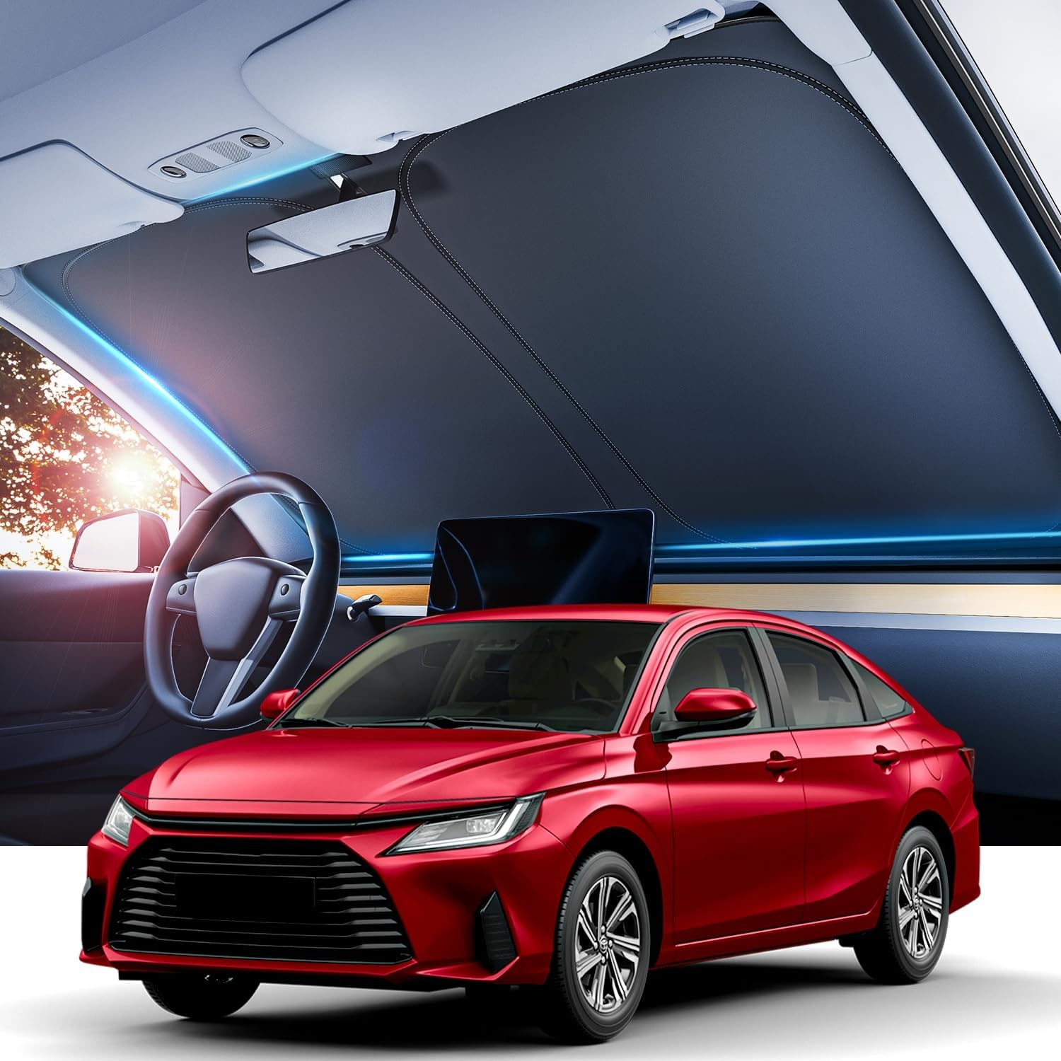 REEVAA 2025 Upgrade Tesla Model Y (2019-2026 Juniper) Windshield Sun Shade [99% Sun Protection for Ultimate Interior Protection] Keep Cool, Foldable Sunshade Car Accessories with Storage Bag image number 1