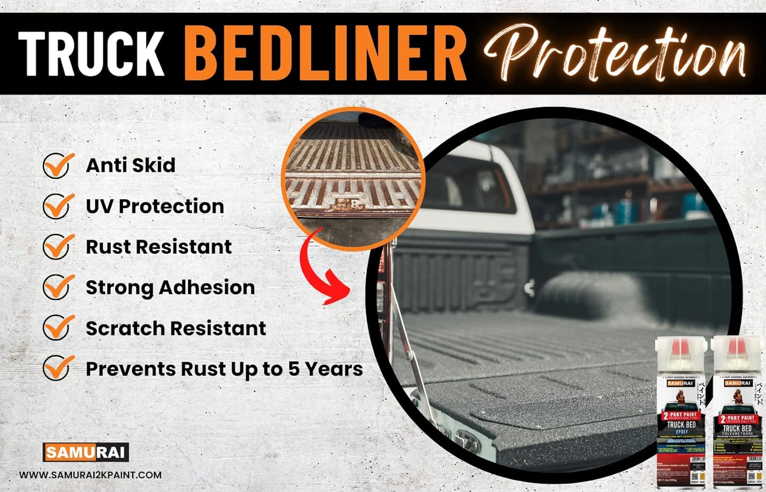 Samurai 2-Part Polyurethane Granular Textured Truck Bed Liner Spray Paint - 11.3 Ounce UV Resistant and Rust Resistance (BLACK, Pack of 1 Can) image number 3