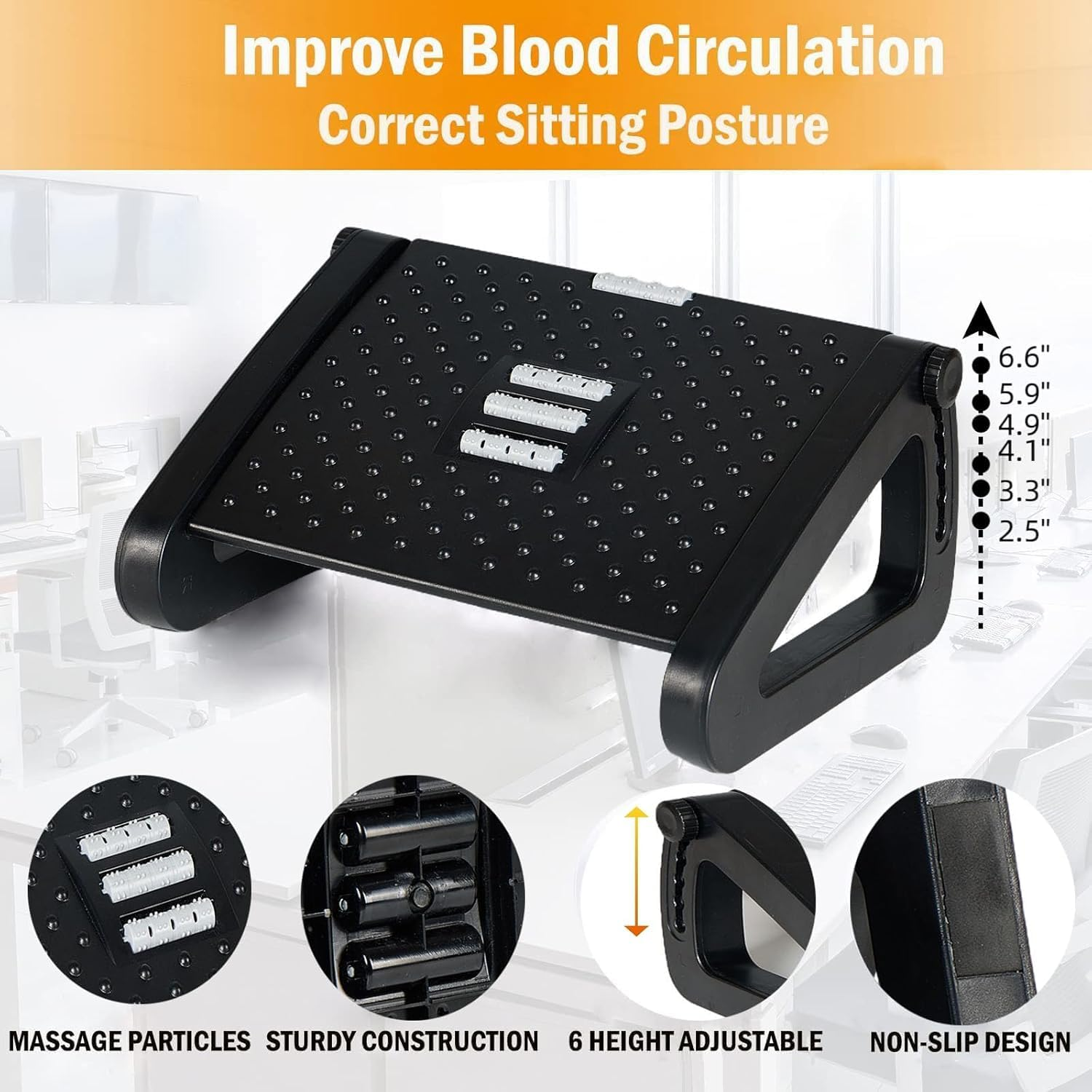 Sooyee Foot Rest for under Desk at Work, Ergonomic 6 Heights Adjustable Footrest with Massage Roller, Portable under Desk Foot Stool for Home,Office(Black) image number 3